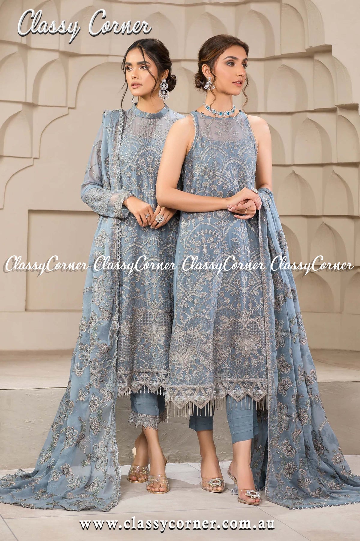 Blue Embroidered Chiffon Pakistani Salwar Kameez