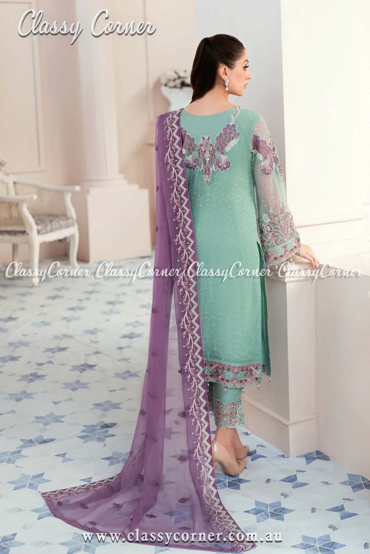 Cyan Blue &amp; Purple Embroidered Pakistani Outfit - Classy Corner