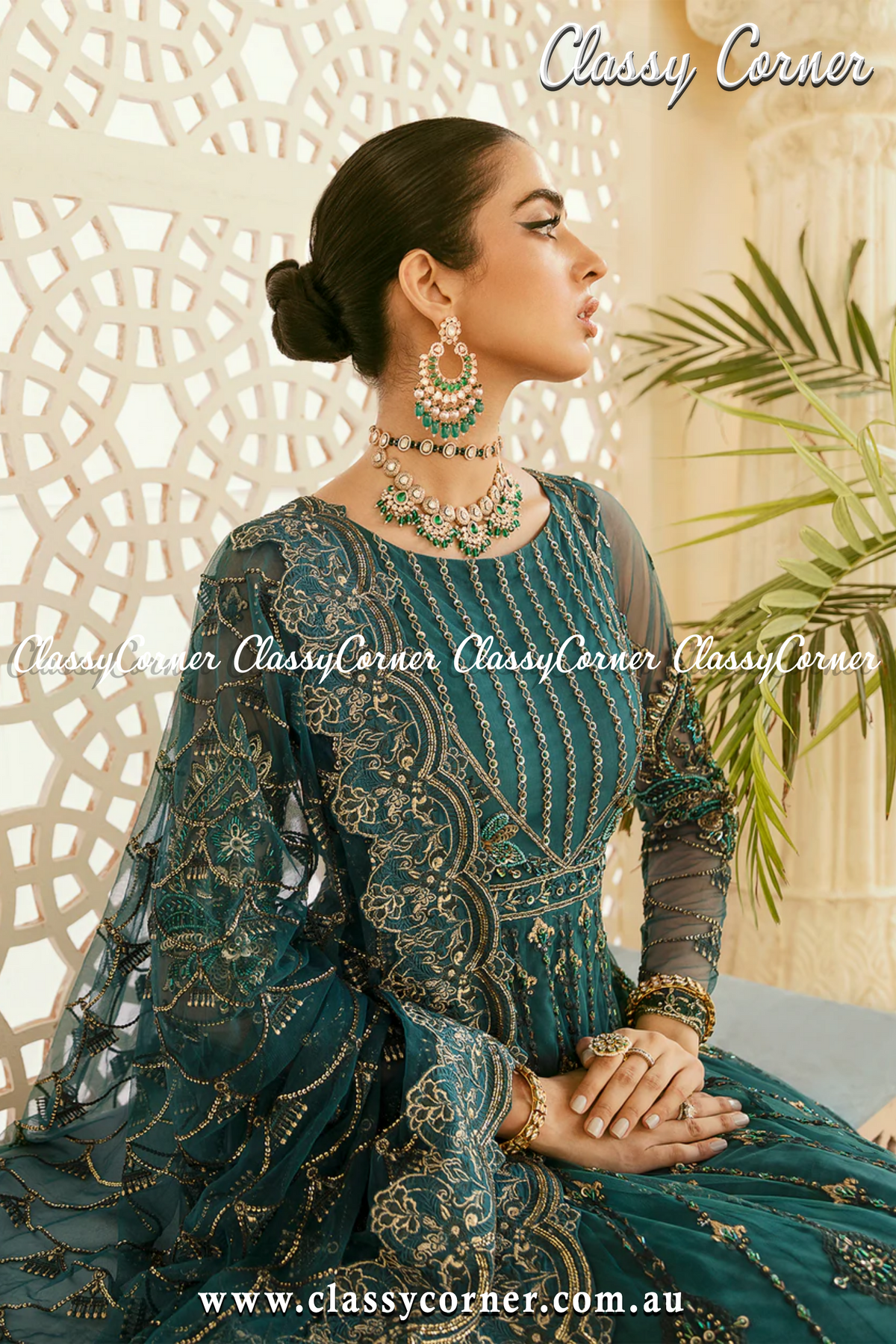 Teal Blue Pakistani Formal Party Gown - Classy Corner