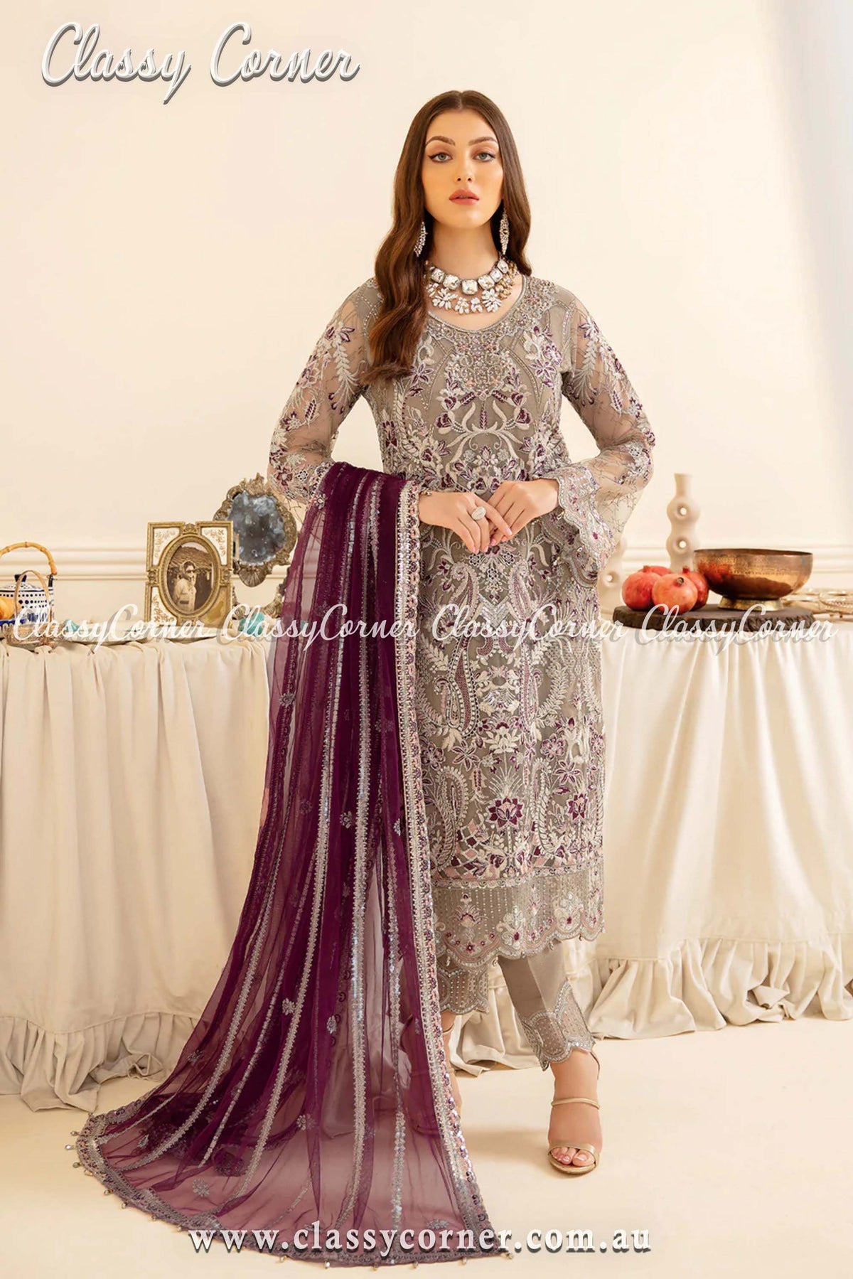 Exclusive Ash Grey Net Pakistani Dress - Classy Corner