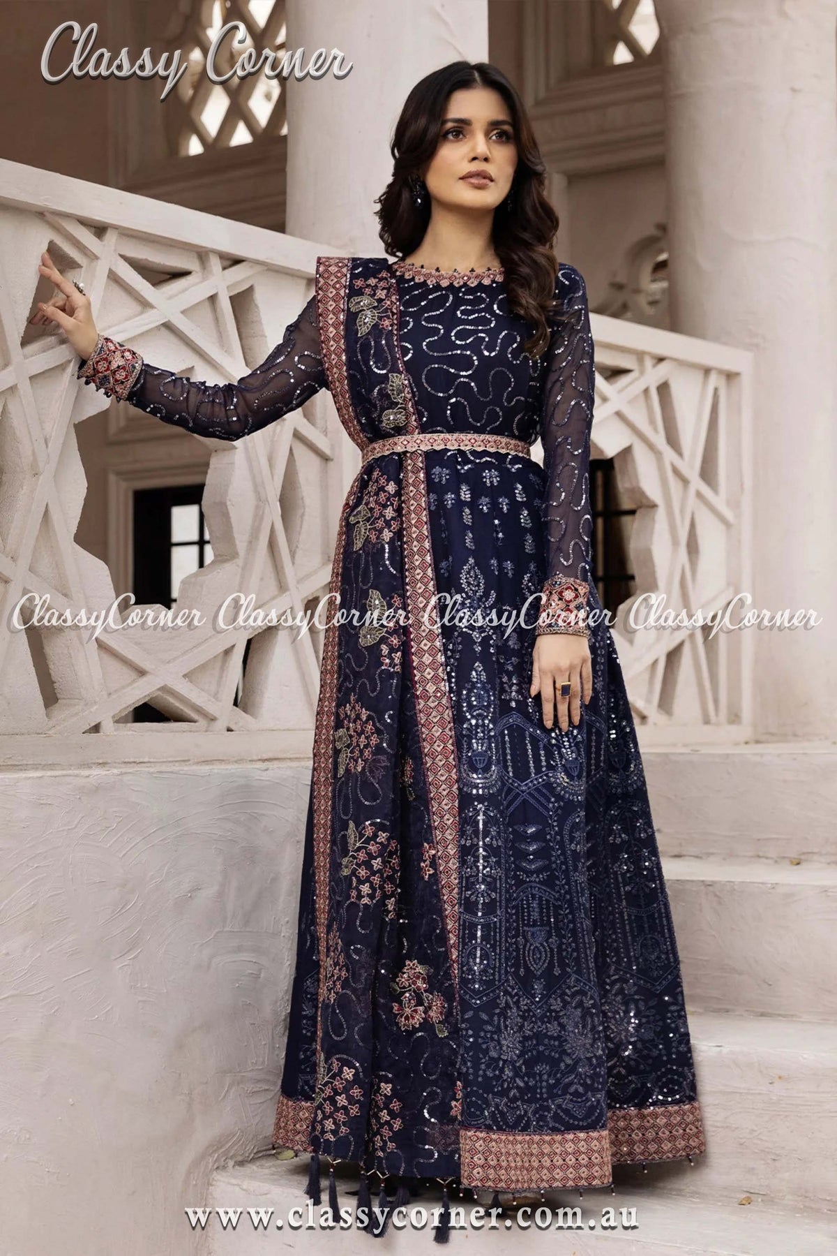 Elegant Navy Blue Chiffon Pakistani Outfit - Classy Corner