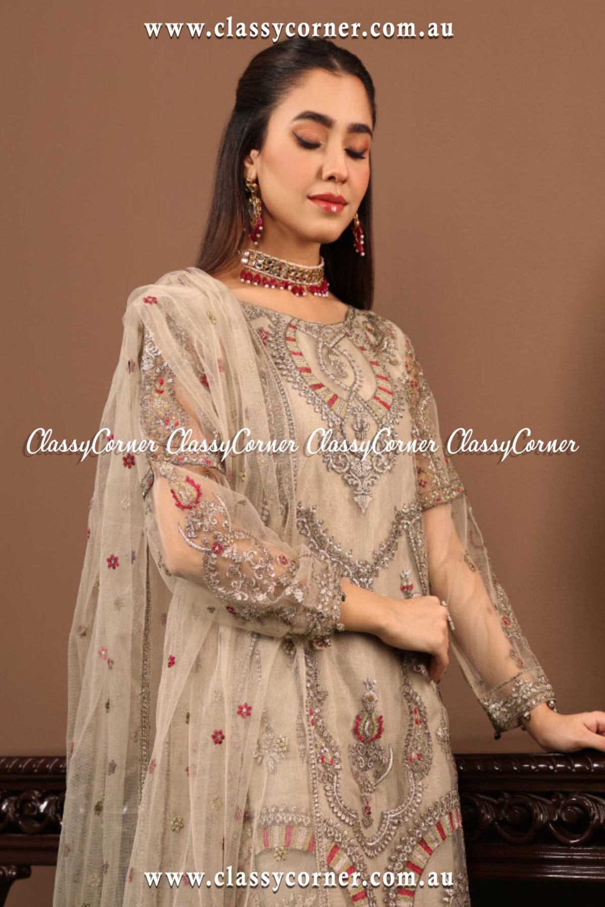 Party Wear Net Embroidered Suit With Gharara - Classy Corner