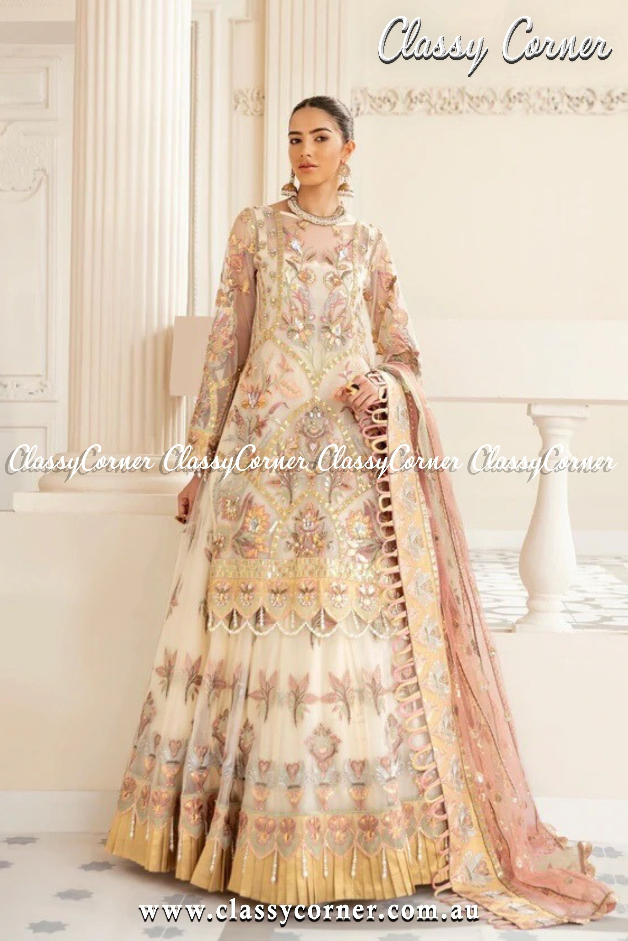 White Gold Pink Pakistani Lengeha - Classy Corner