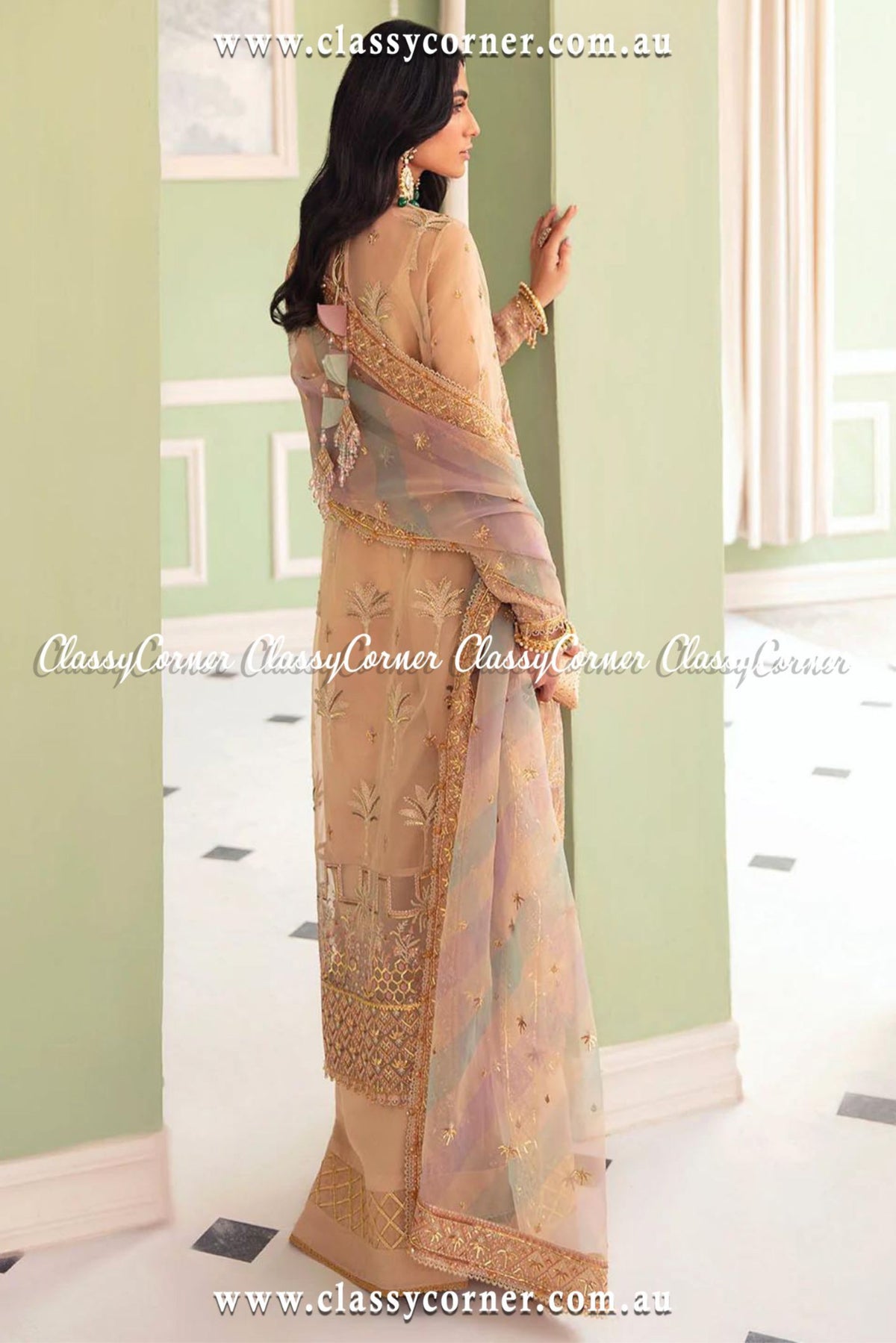 Pakistani Beige Organza Embroidered Outfit - Classy Corner