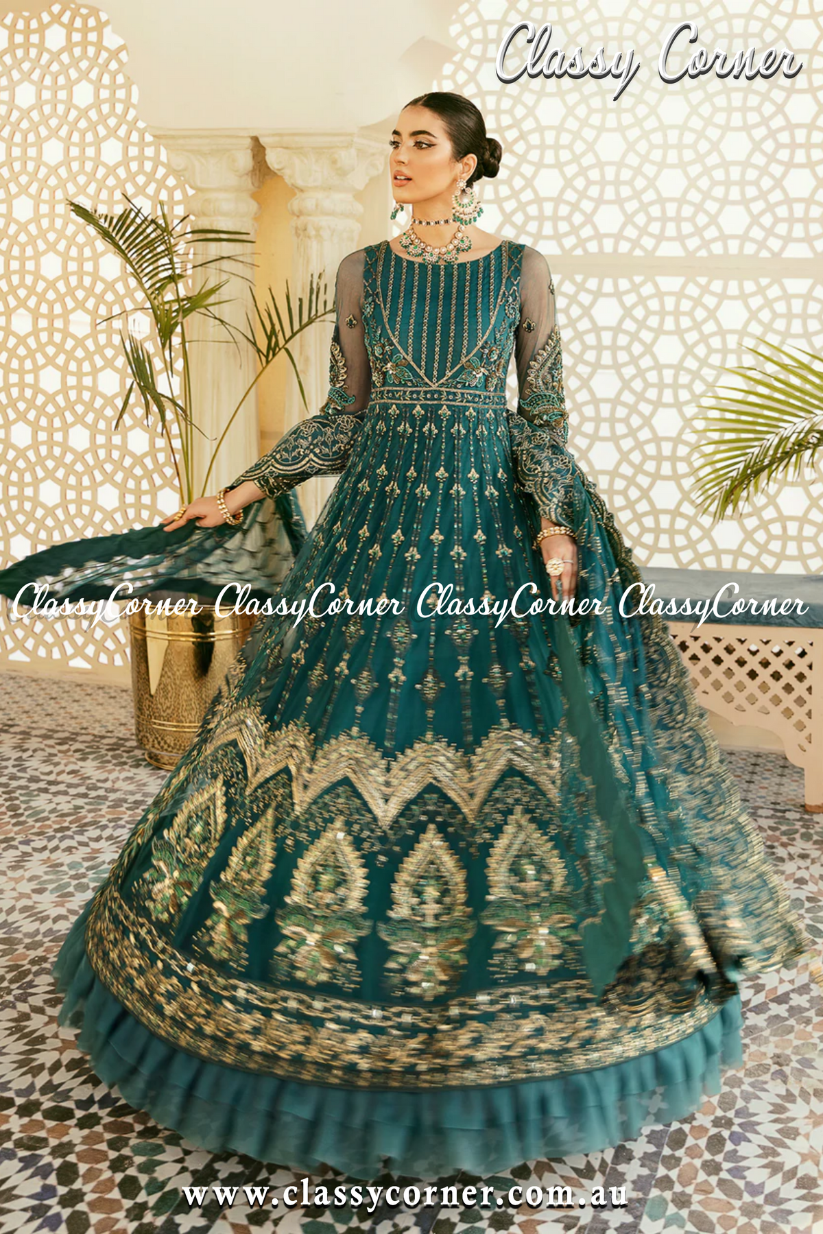 Teal Blue Pakistani Formal Party Gown - Classy Corner