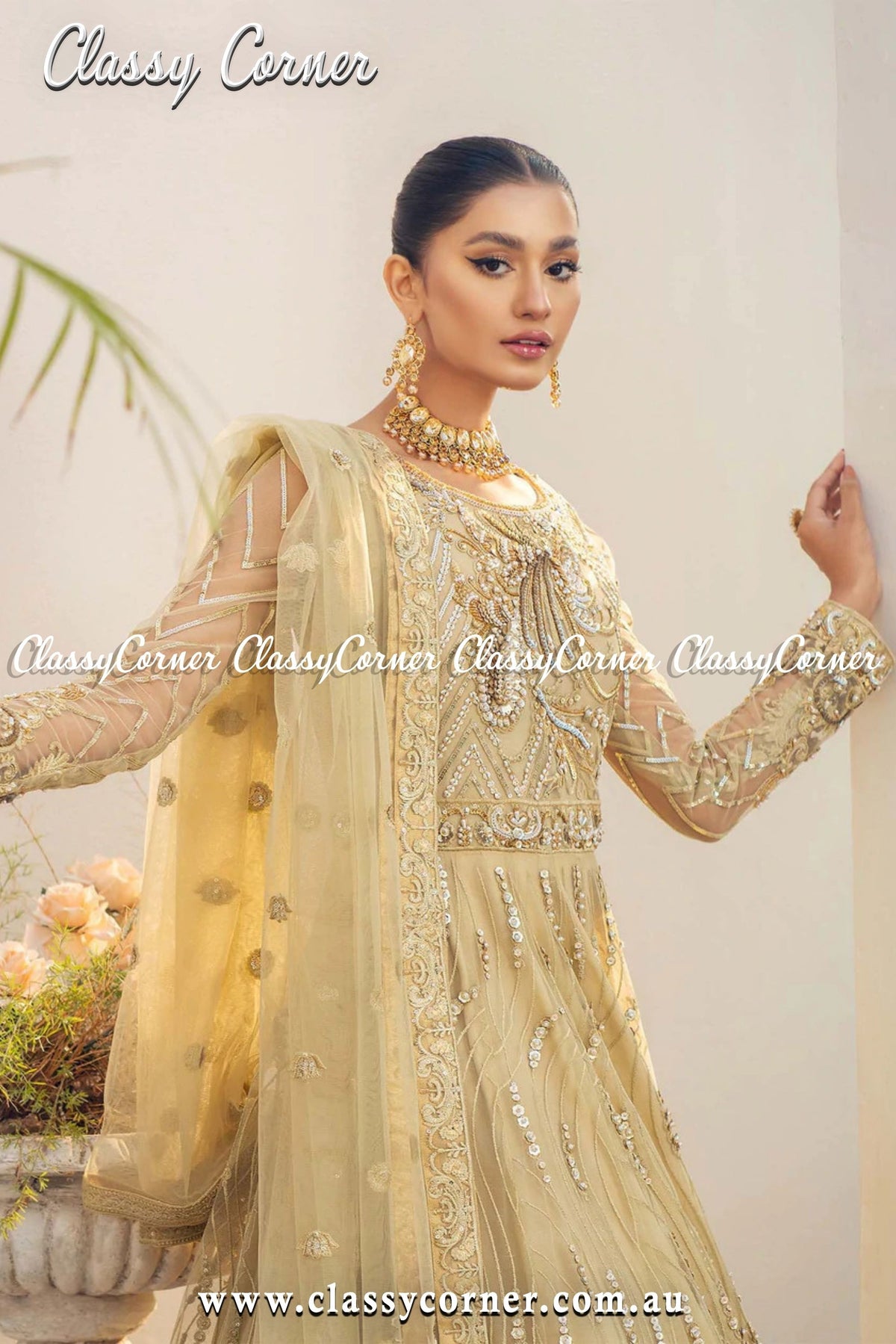 Yellow Gold Pakistani Formal Gown - Classy Corner
