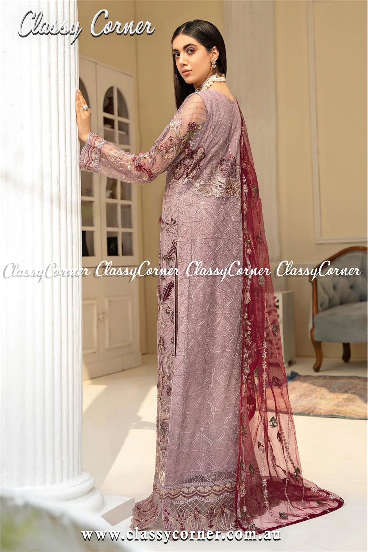 Mauve Maroon Net Pakistani Salwar Kameez - Classy Corner