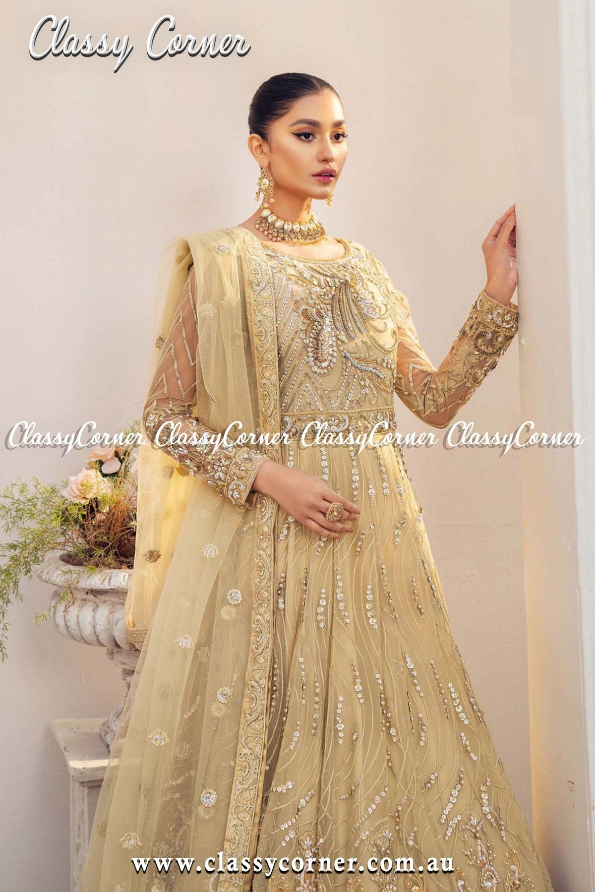 Yellow Gold Pakistani Formal Gown - Classy Corner