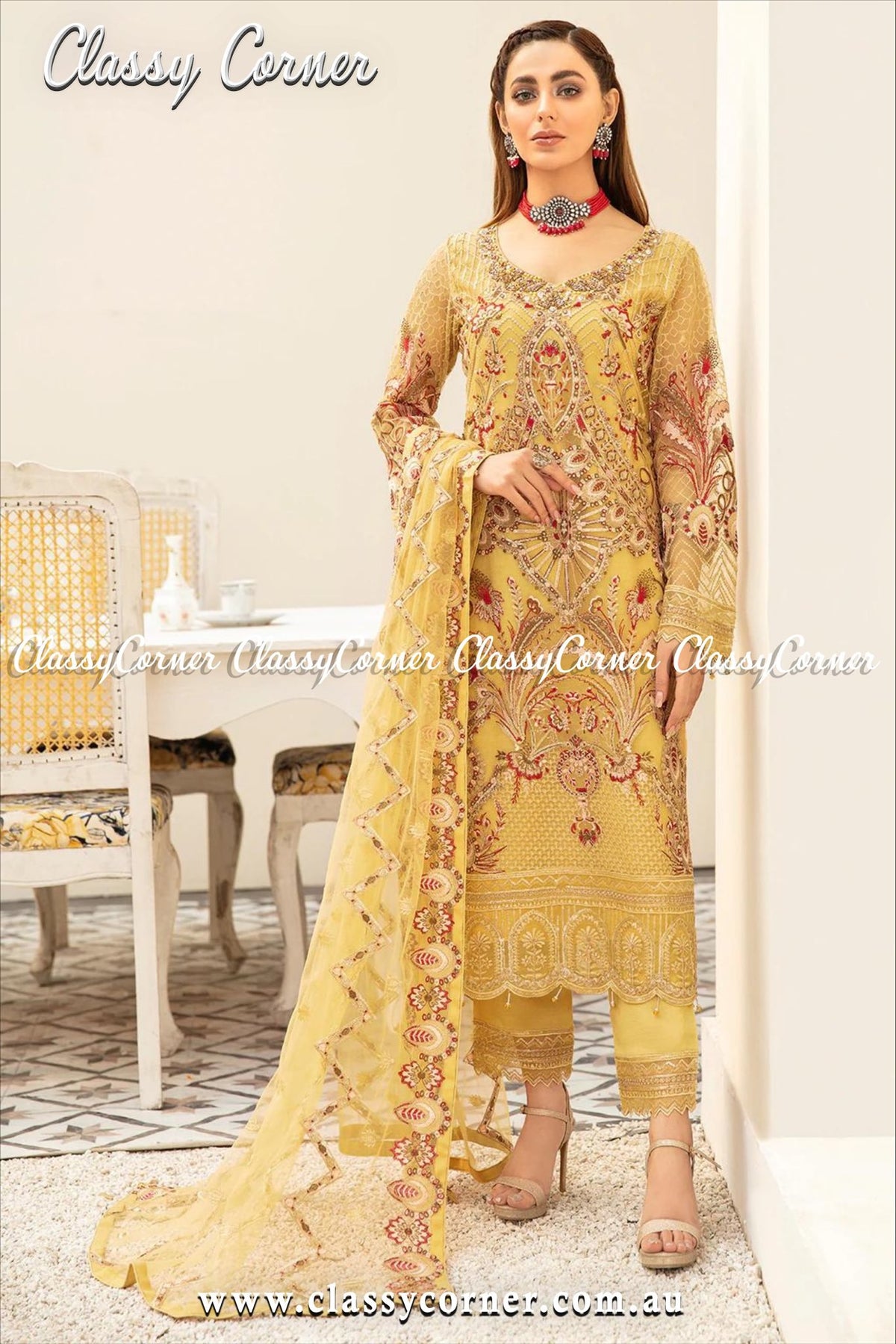 Butter Yellow Net Pakistani 3pc Suit - Classy Corner