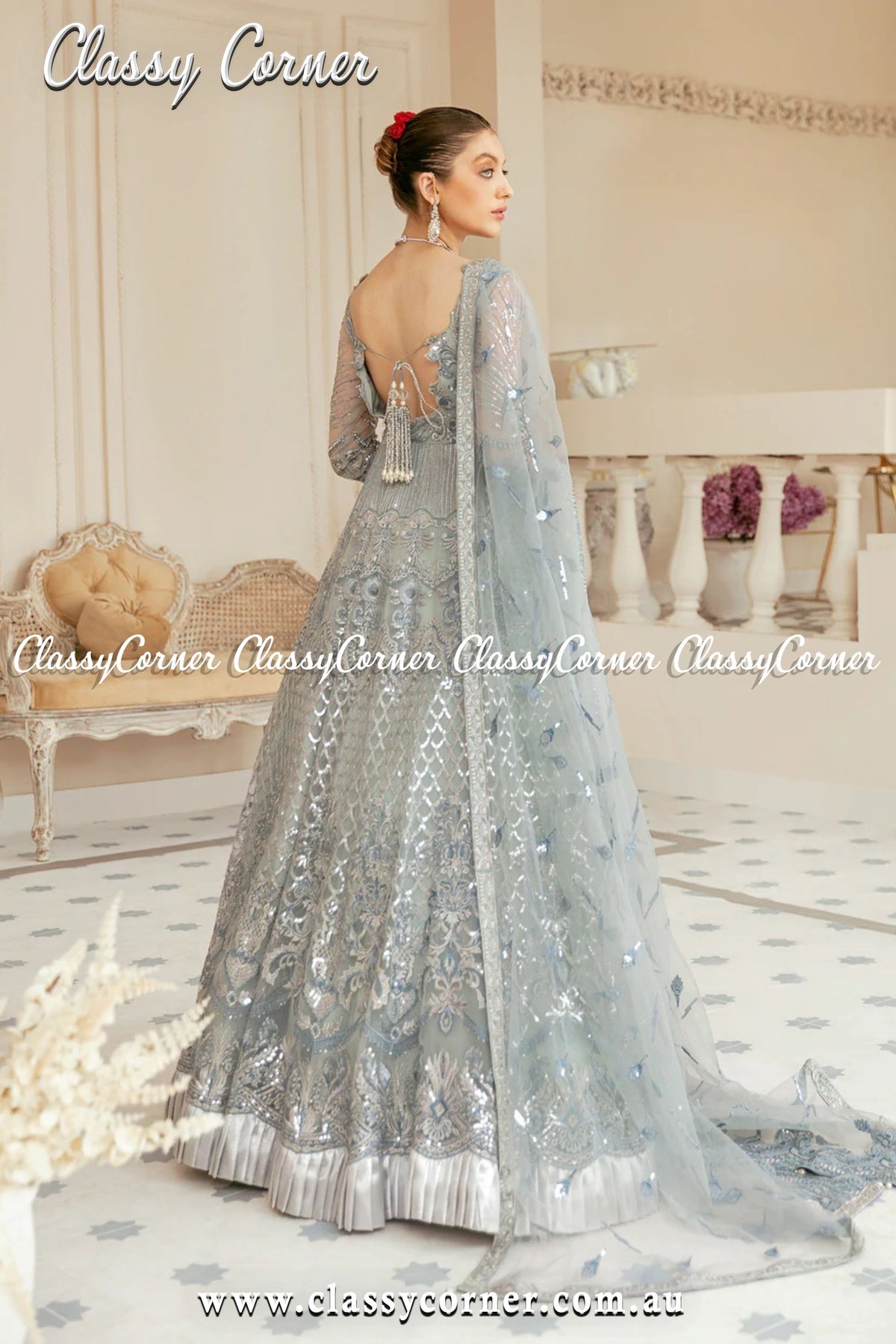 Silver Grey Pakistani Formal Party Gown - Classy Corner