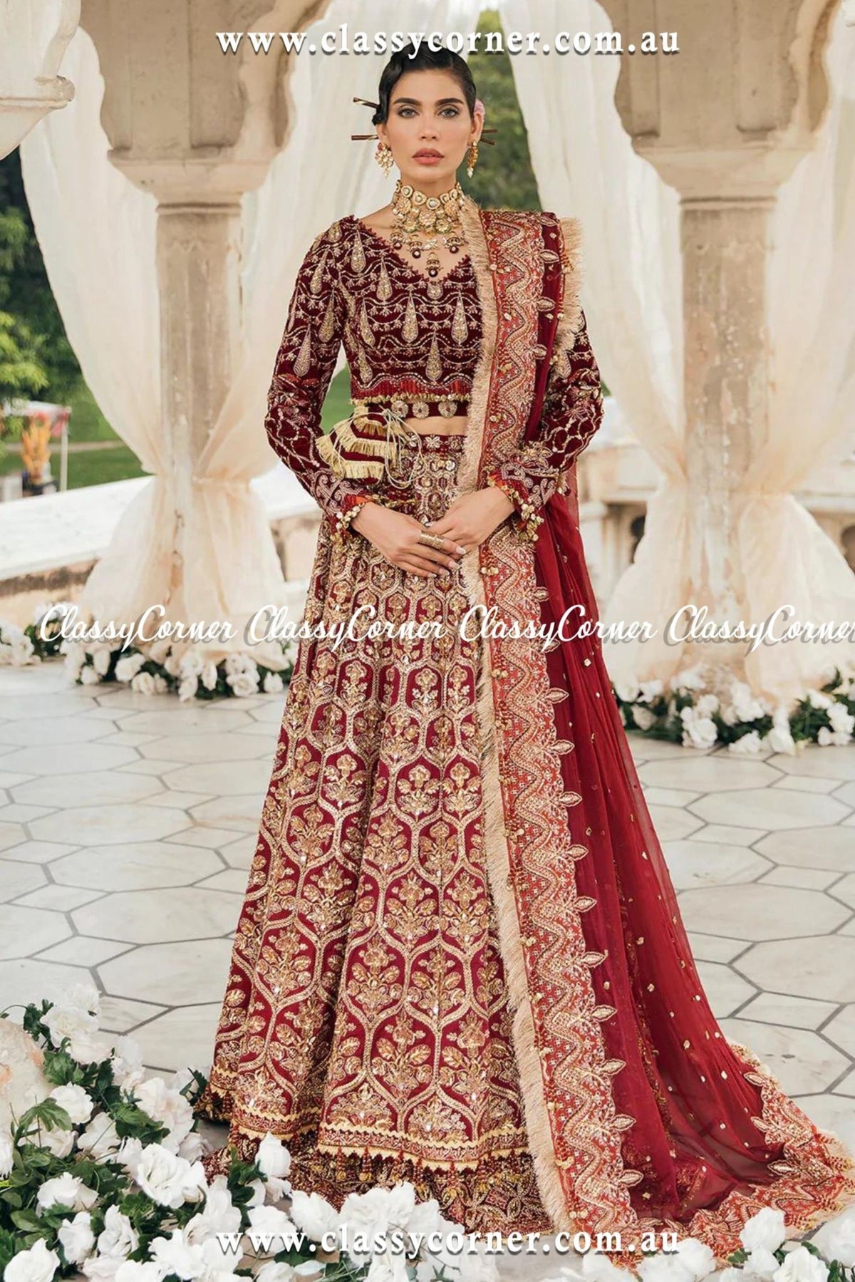 Deep Red Velvet Lehenga Choli - Classy Corner