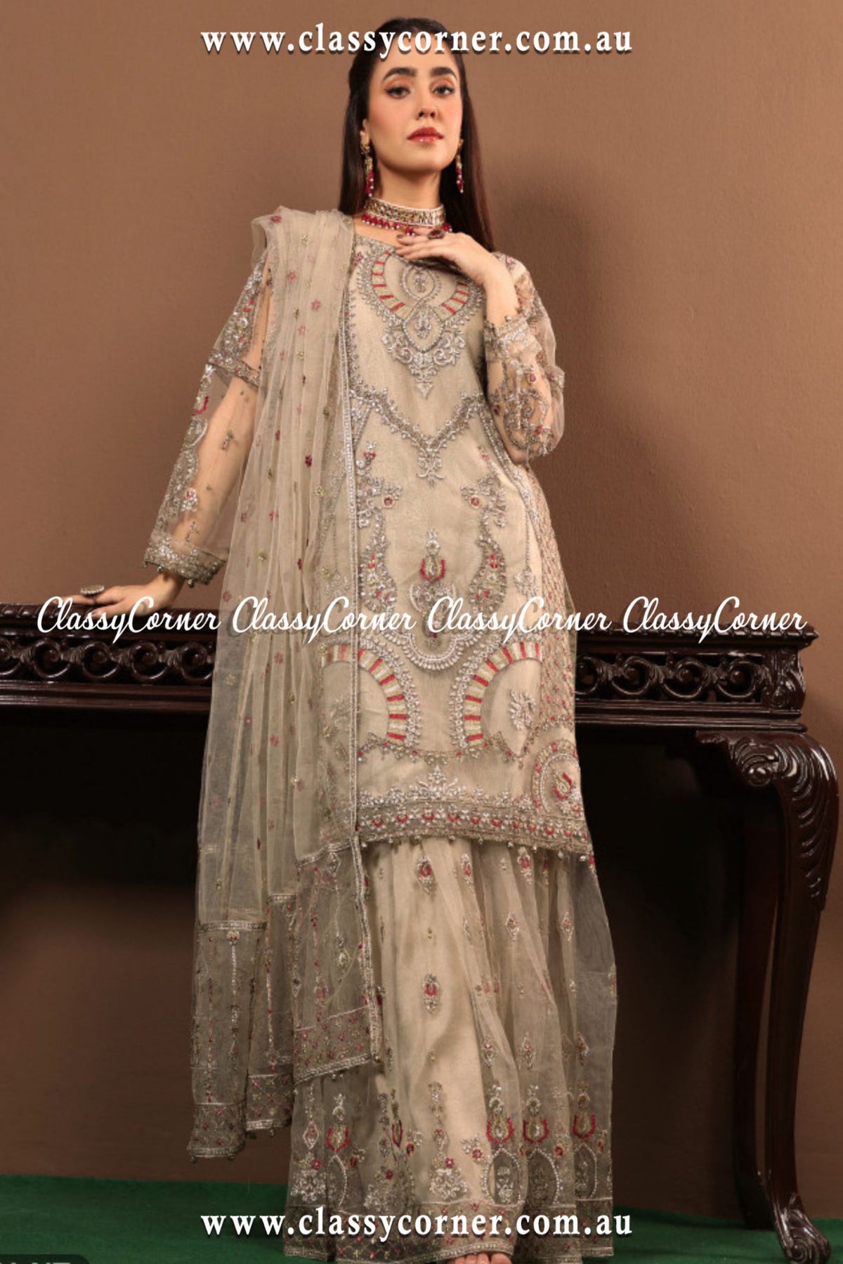 Party Wear Net Embroidered Suit With Gharara - Classy Corner