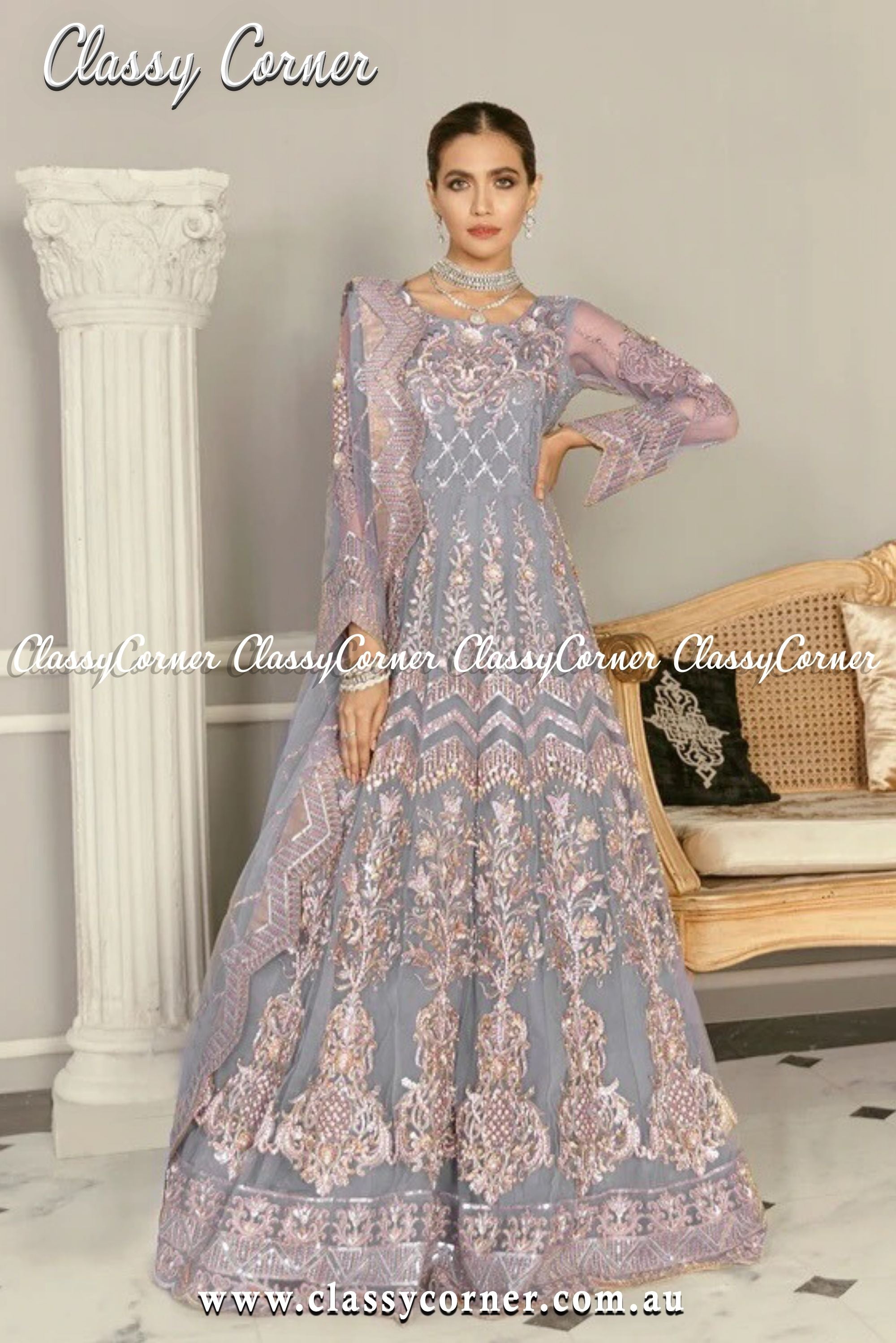 Elegant Grey Net Pakistani Gown Dress - Classy Corner