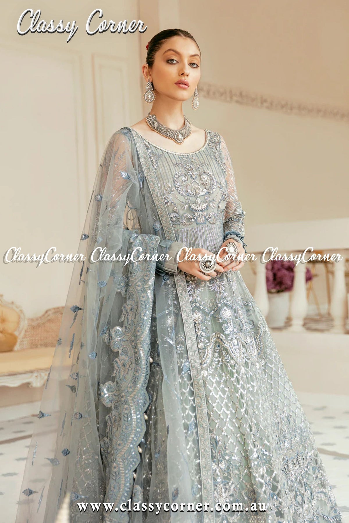 Silver Grey Pakistani Formal Party Gown - Classy Corner