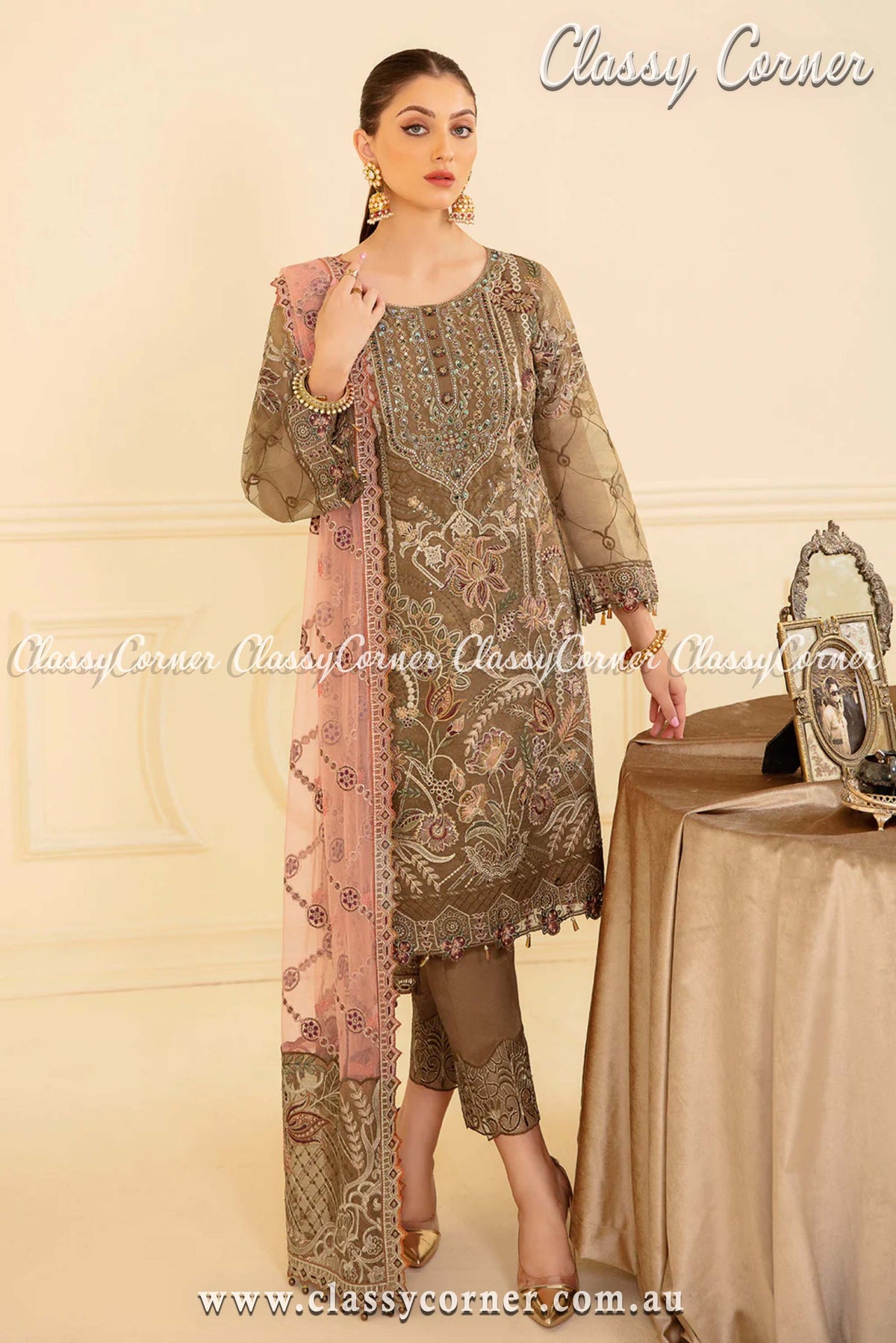 Brown &amp; Pink Organza Party Salwar Kameez - Classy Corner