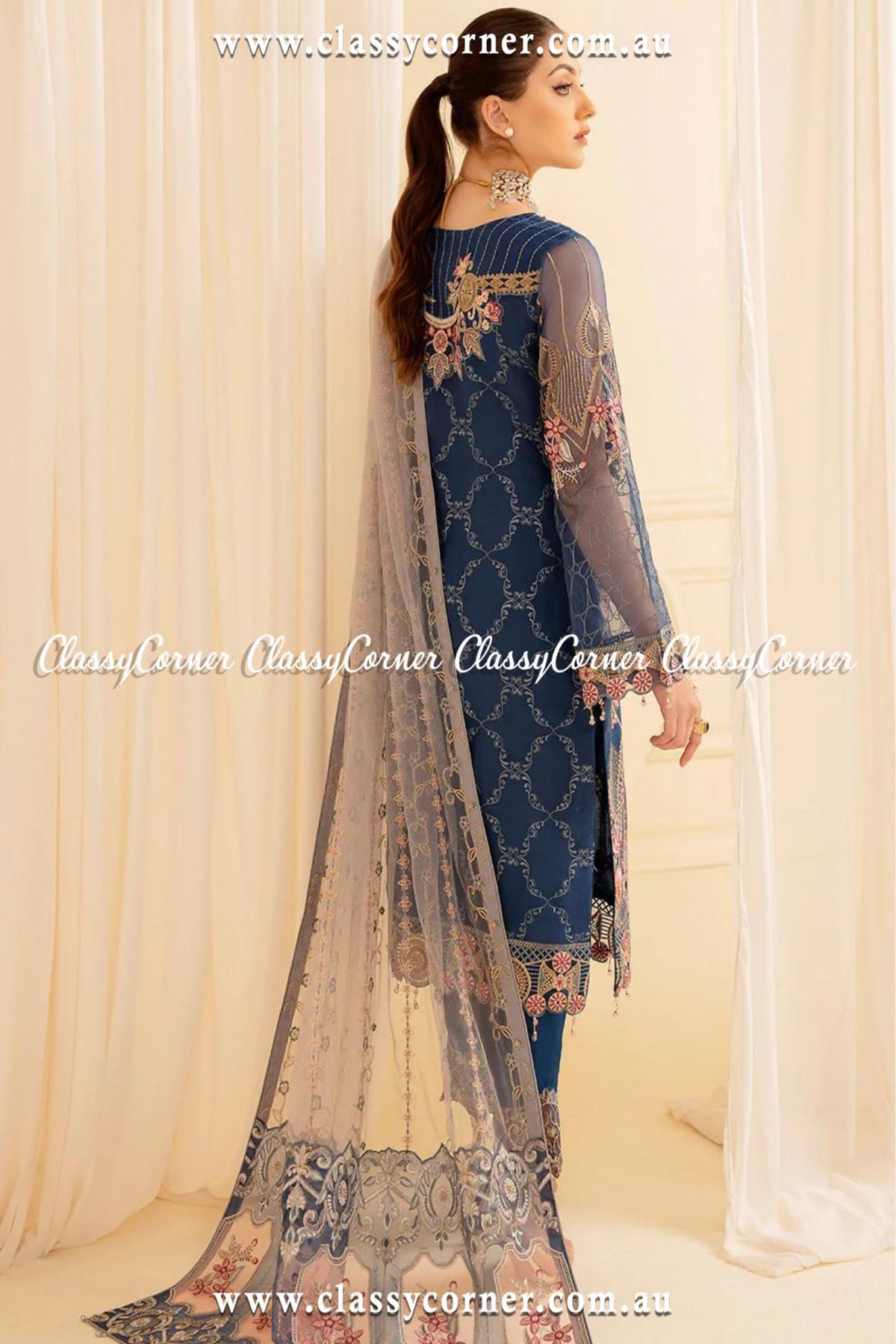 Navy Blue Embroidered Organza Pakistani Suit - Classy Corner