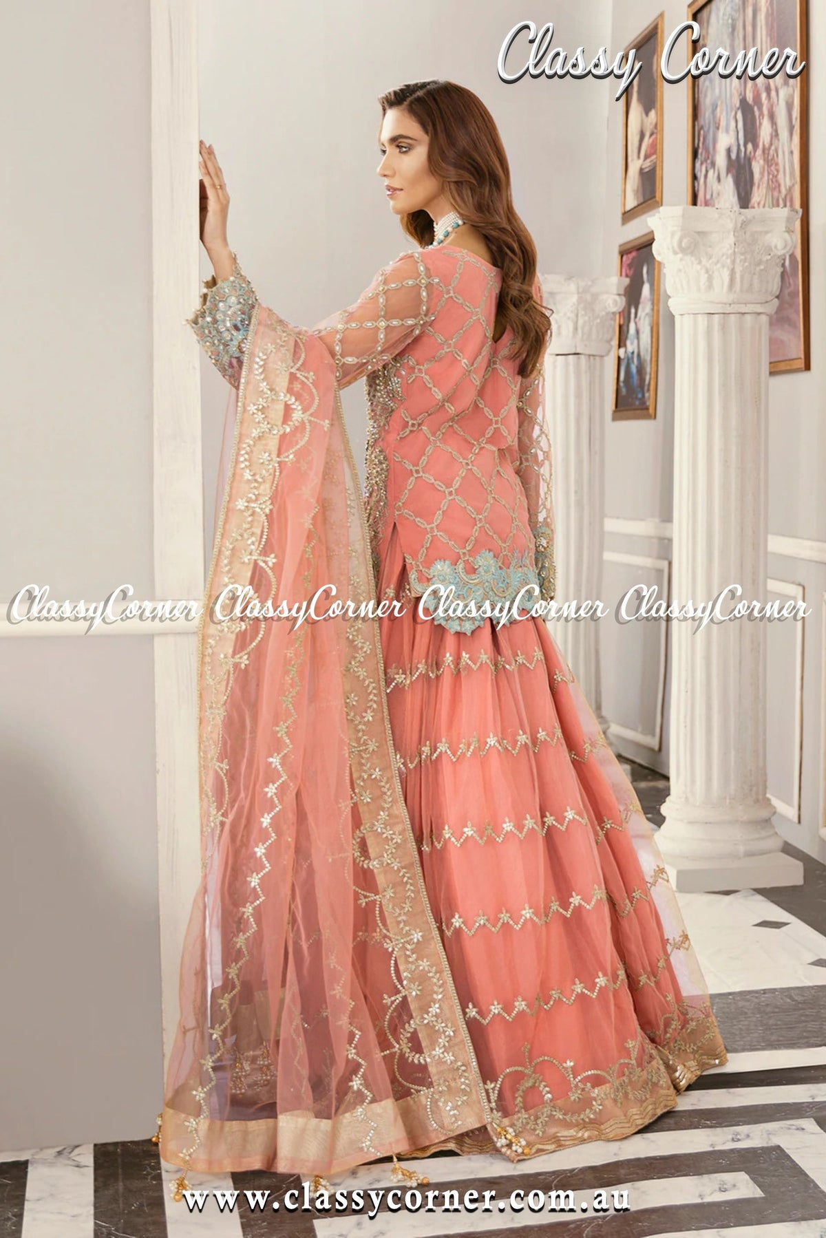 Peach Gold Pakistani Formal Lehenga - Classy Corner