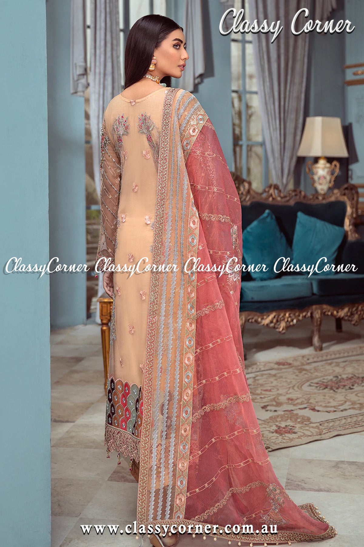 Apricot Peach Net Pakistani Wedding 3pc Suit - Classy Corner