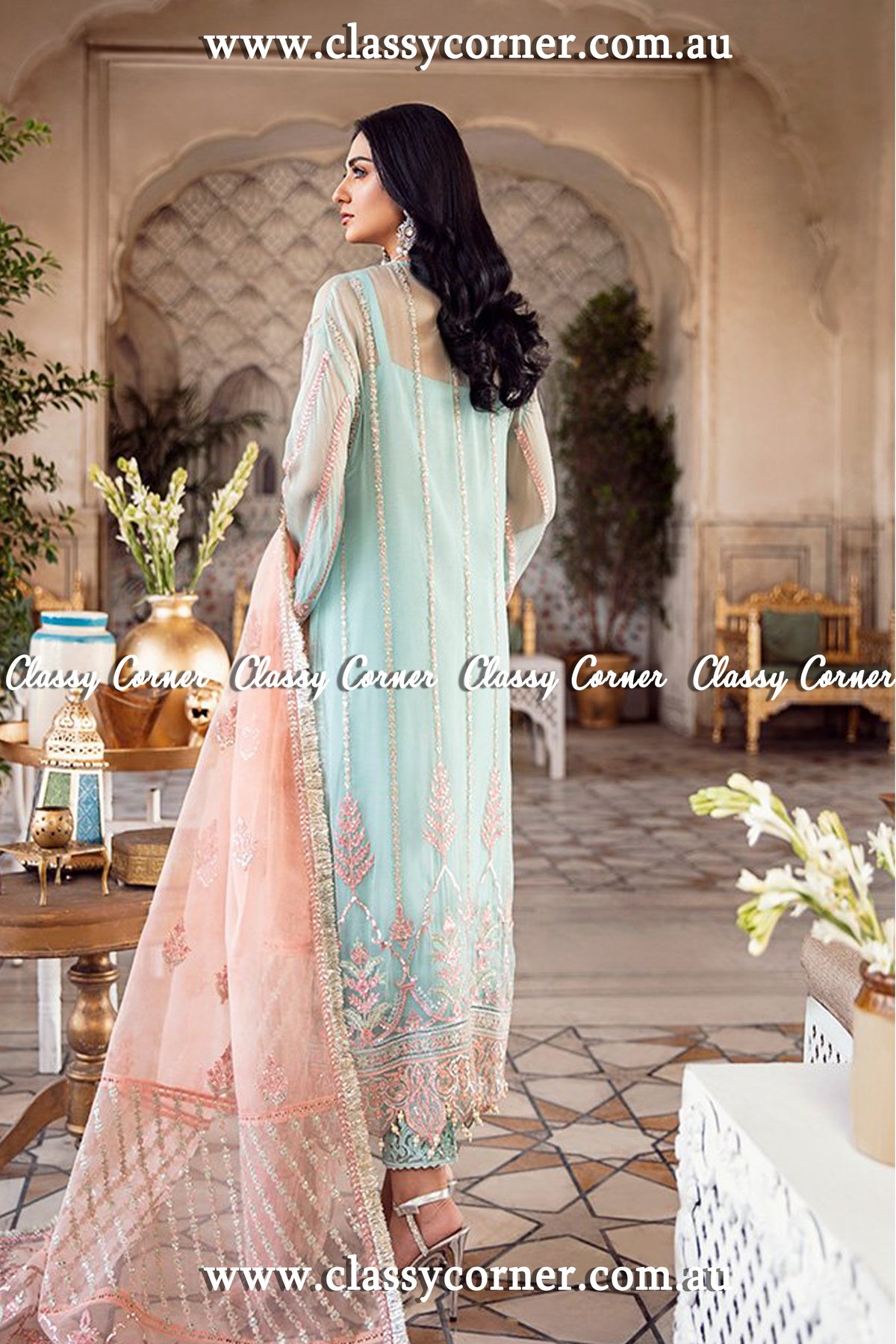 Aqua Peach Chiffon Exclusive Pakistani Salwar Kameez - Classy Corner