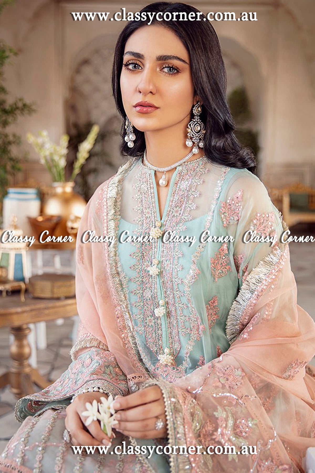 Aqua Peach Chiffon Exclusive Pakistani Salwar Kameez - Classy Corner