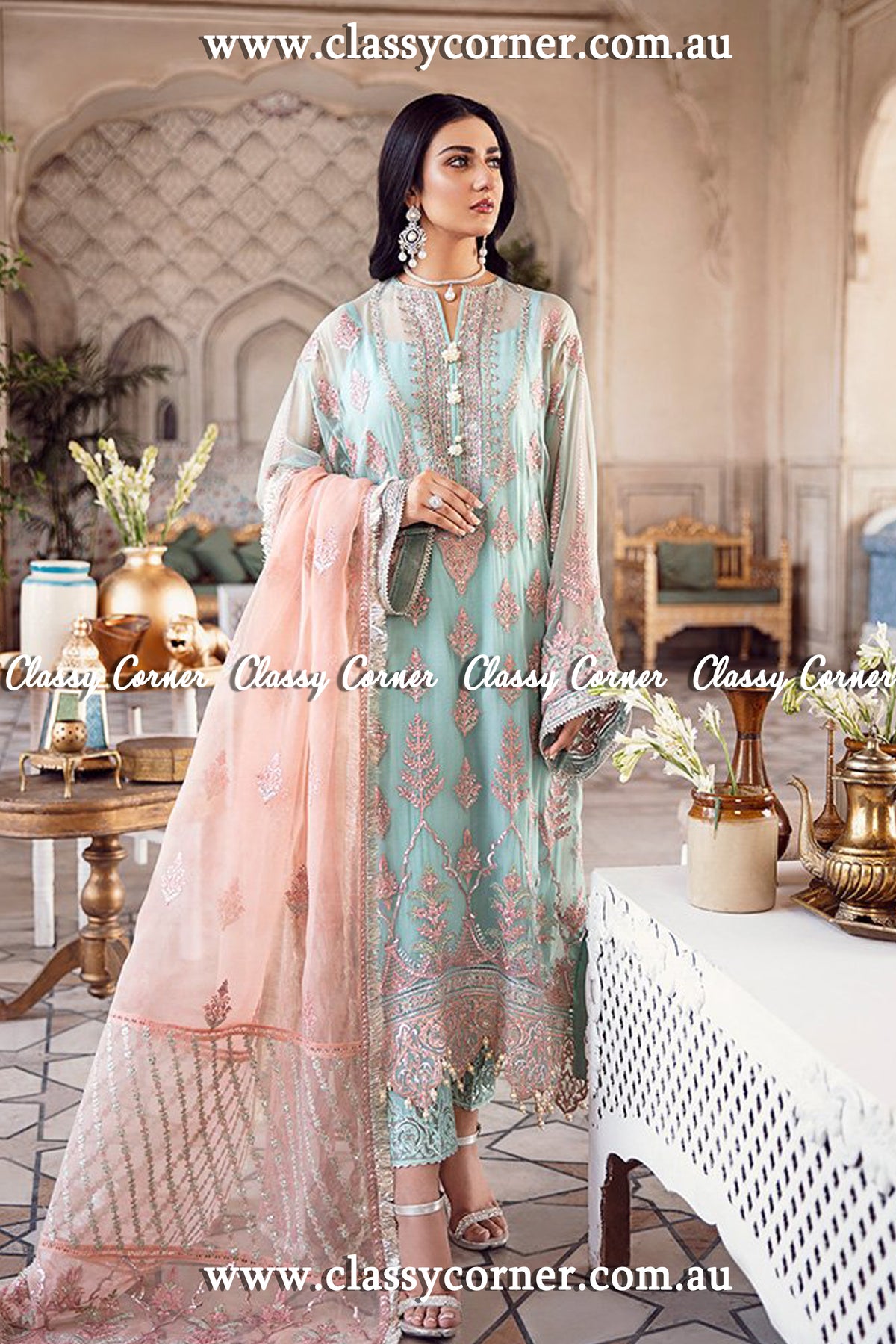 Aqua Peach Chiffon Exclusive Pakistani Salwar Kameez - Classy Corner