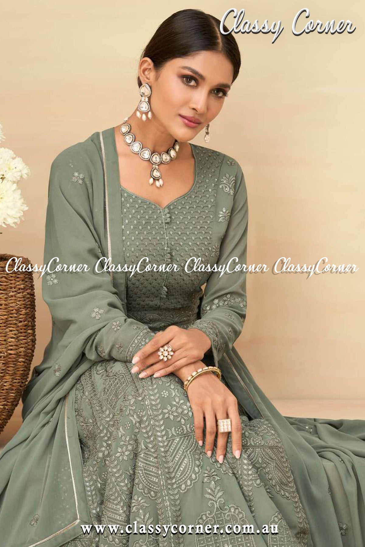 Artichoke Green Georgette Gown Dupatta - Classy Corner