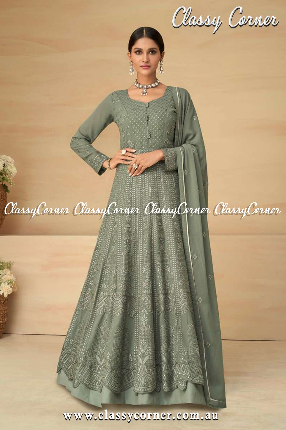 Artichoke Green Georgette Gown Dupatta - Classy Corner