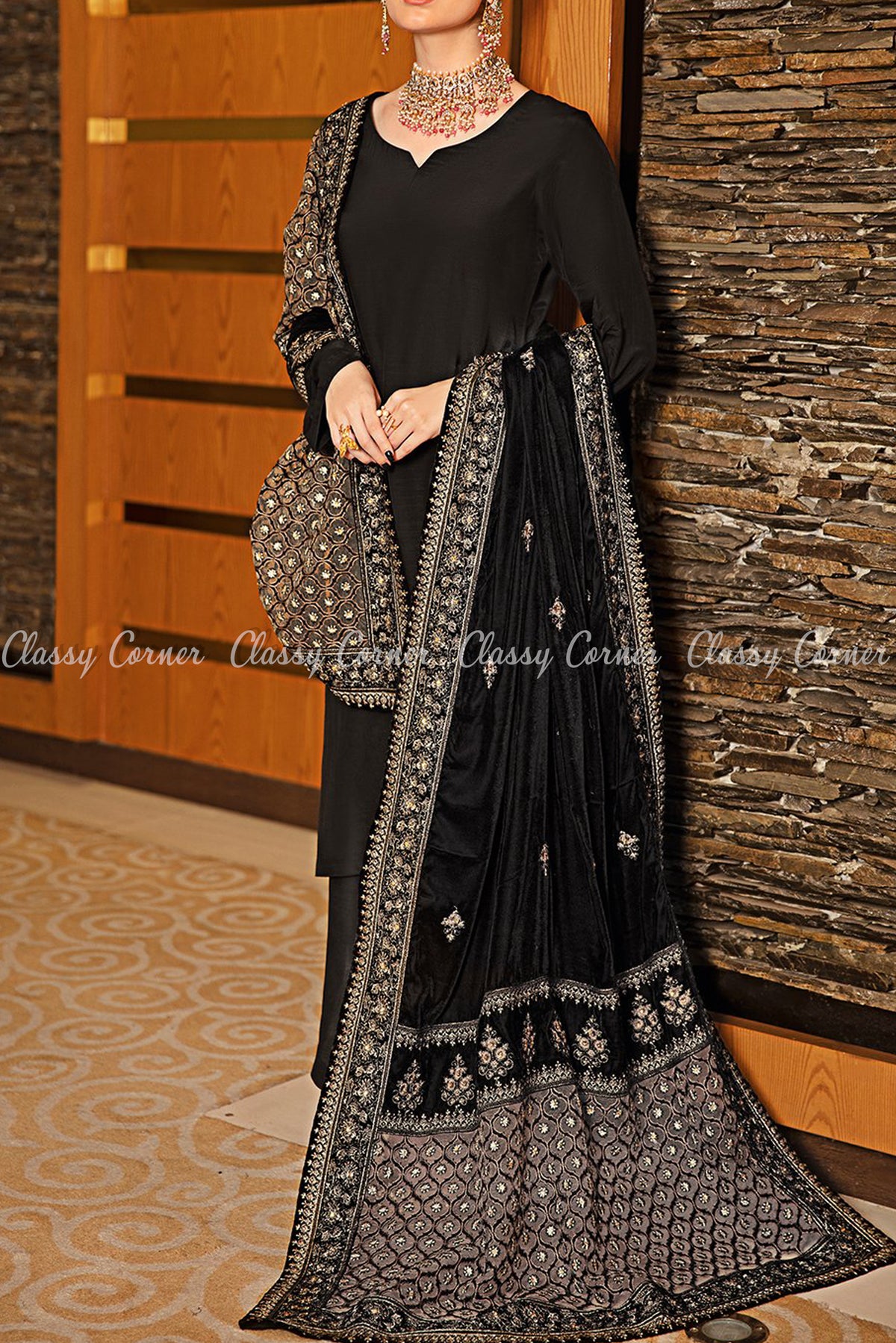 Onyx Black Velvet Shawl Pakistani Formal Salwar Kameez - Classy Corner