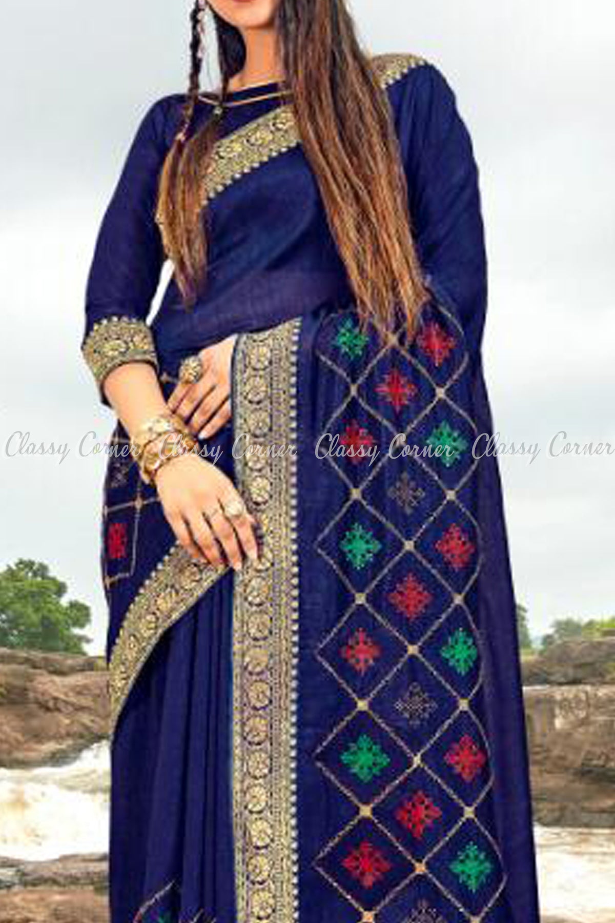 Aztec Pattern Design Blue Saree - Classy Corner