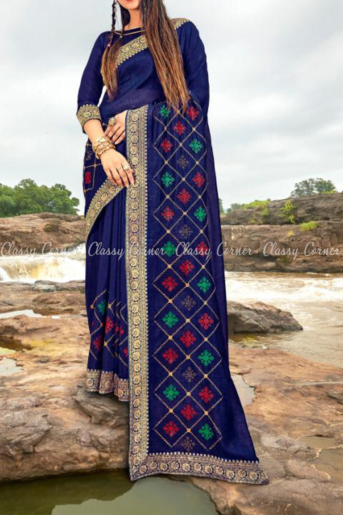 Aztec Pattern Design Blue Saree - Classy Corner