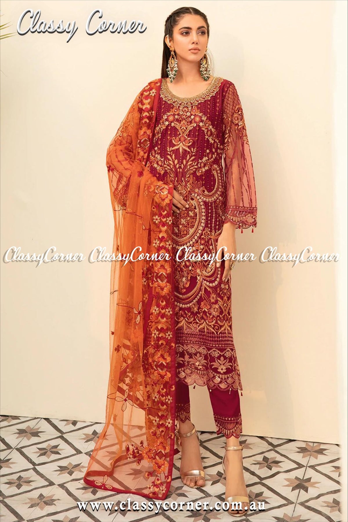 Burgundy Orange Net Pakistani 3pc Suit - Classy Corner