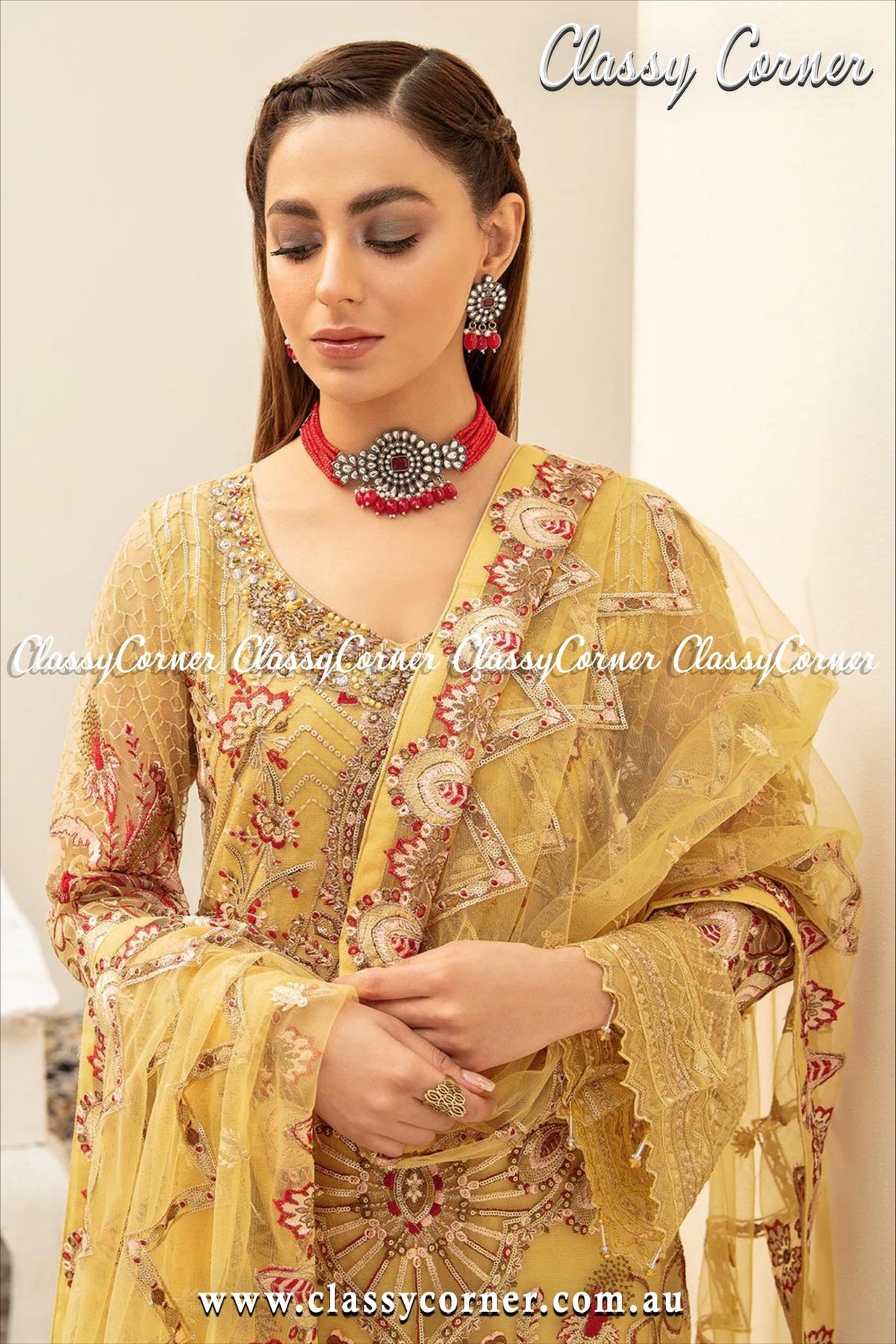 Butter Yellow Net Pakistani 3pc Suit - Classy Corner