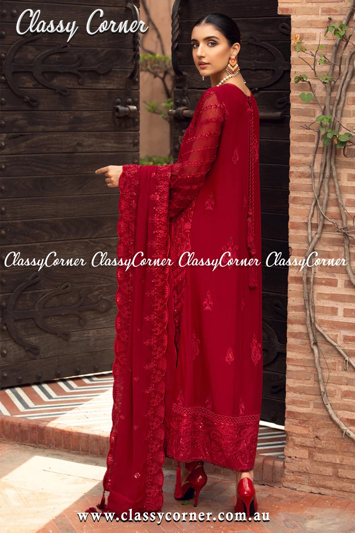 Barn Red Chiffon Salwar Kameez - Classy Corner