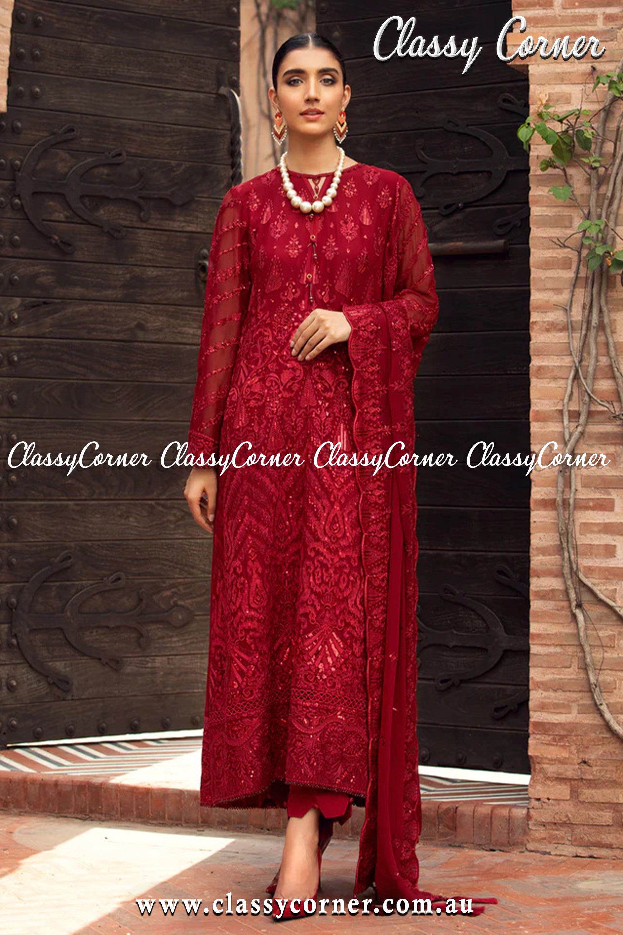 Barn Red Chiffon Salwar Kameez - Classy Corner