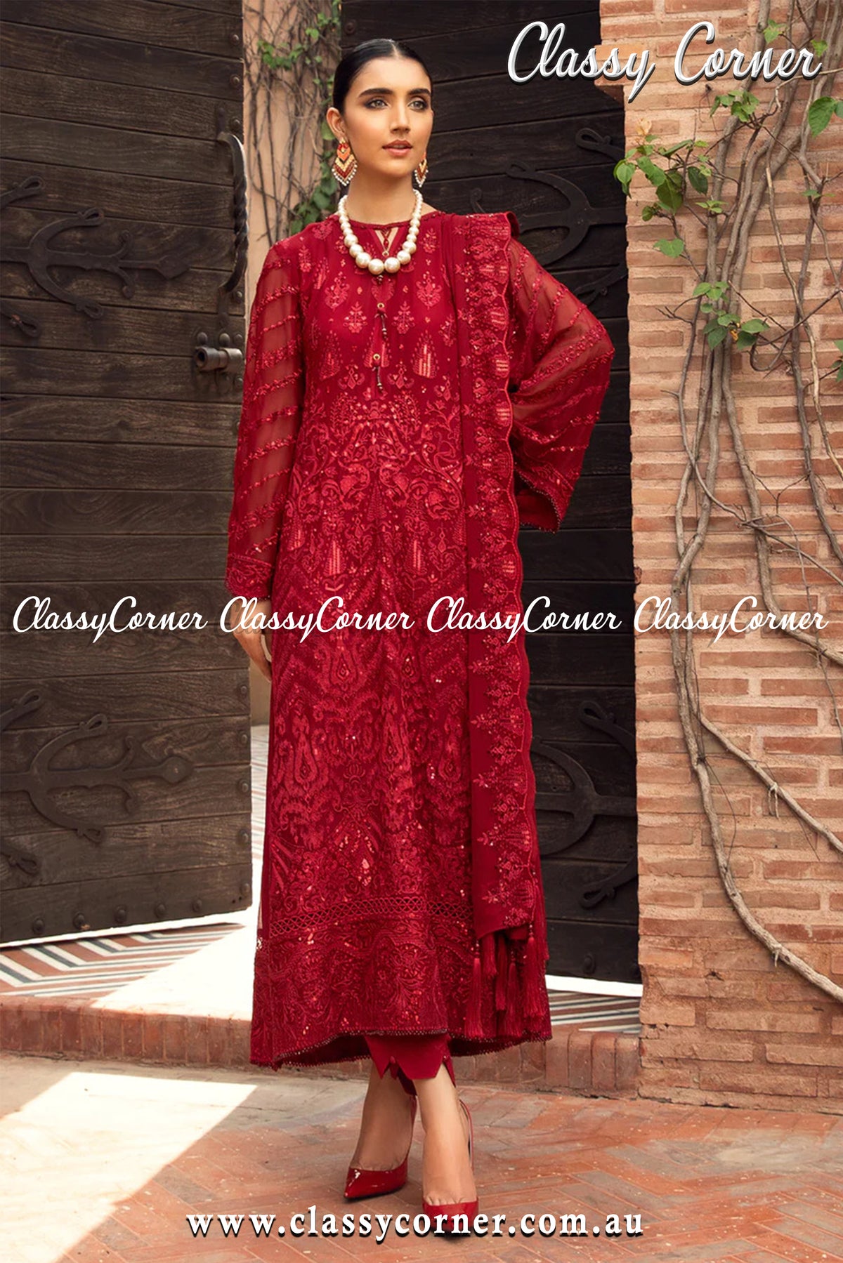 Barn Red Chiffon Salwar Kameez - Classy Corner