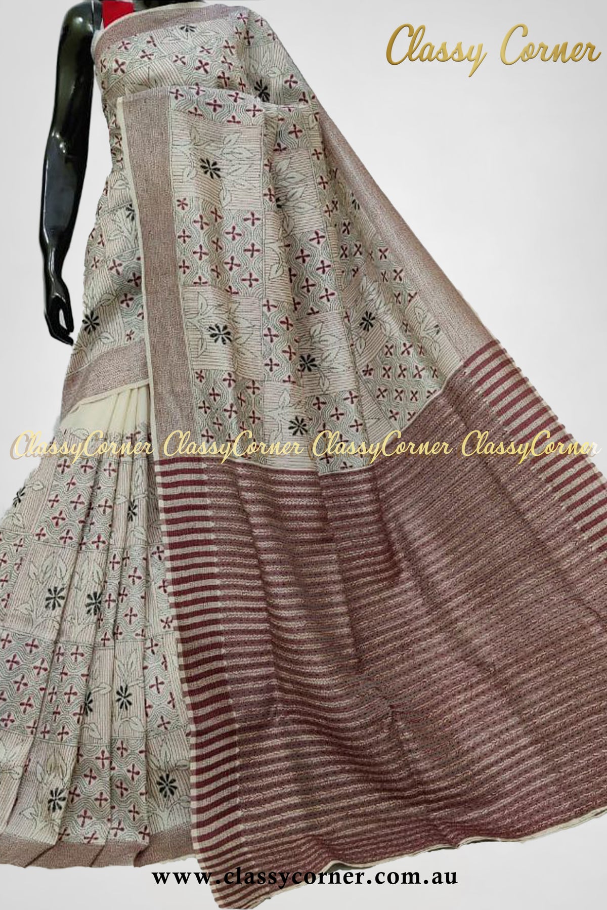 Linen White Red Pure Silk Kantha Stitch Saree - Classy Corner