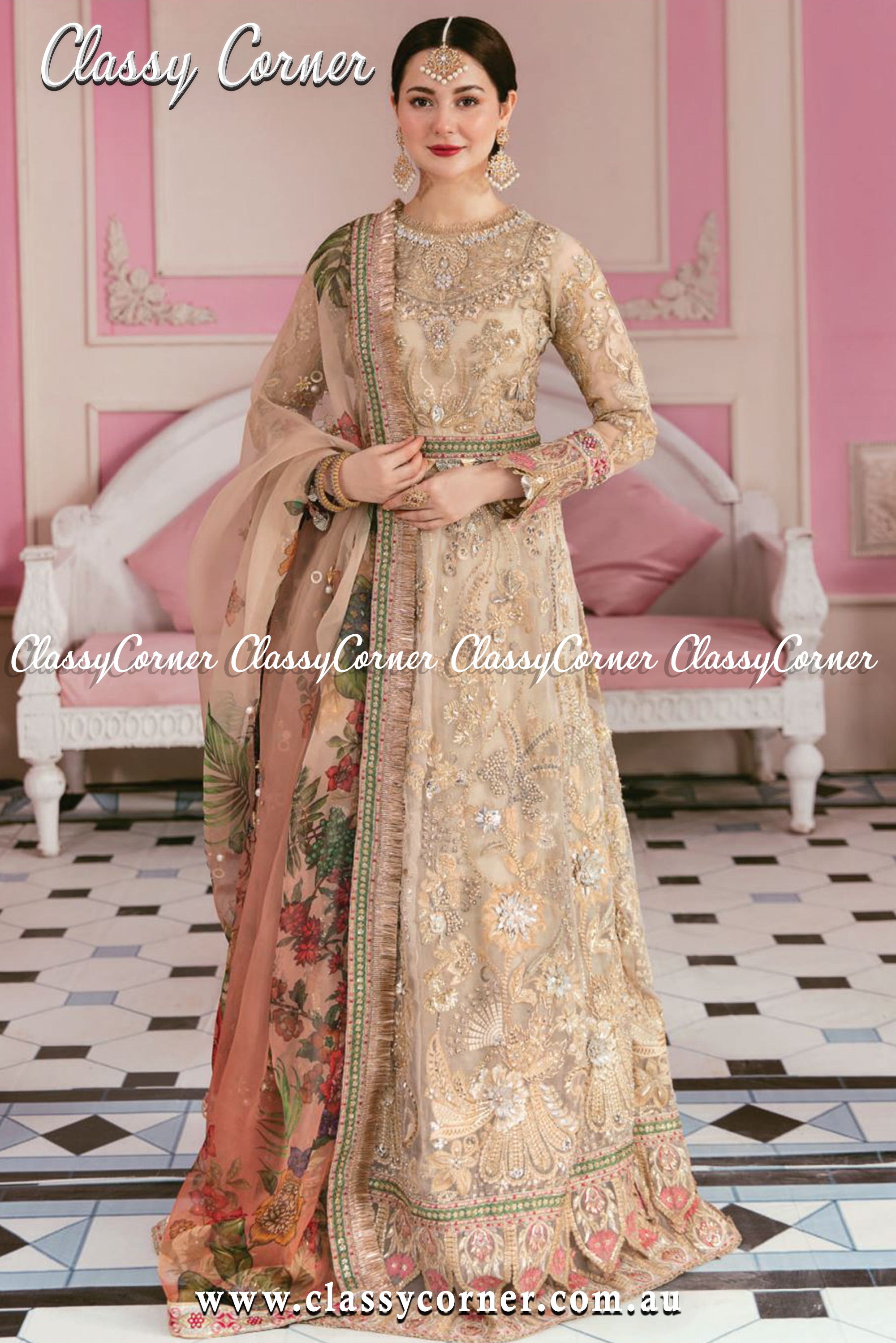 Beige Gold Organza Pakistani Dress - Classy Corner