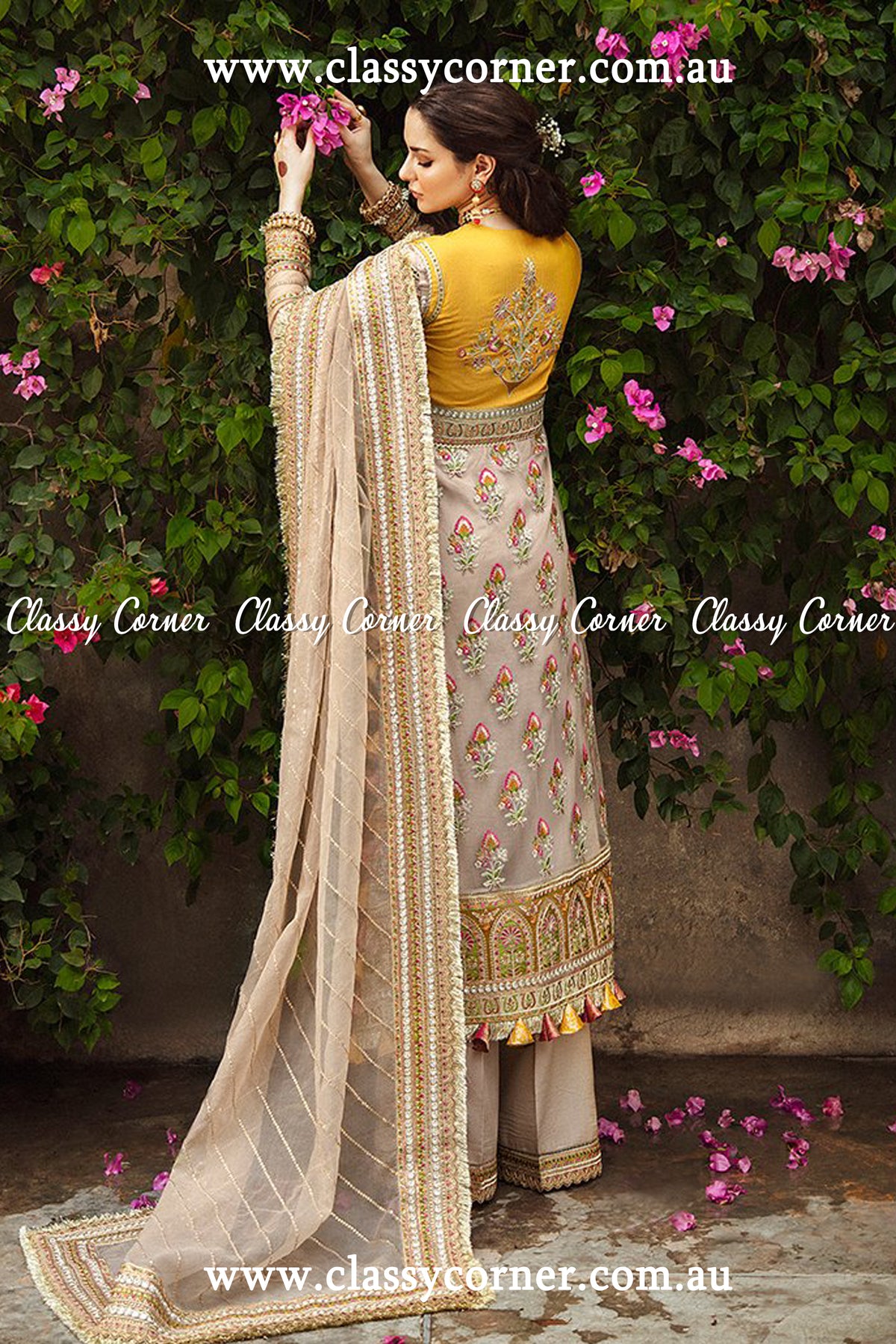 Beige Marigold Net Exclusive Salwar Kameez - Classy Corner