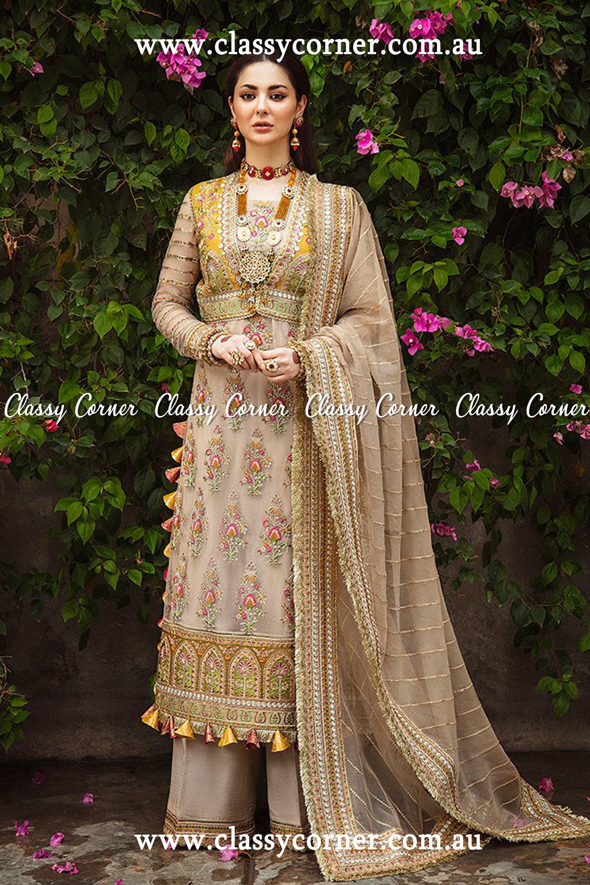 Beige Marigold Net Exclusive Salwar Kameez - Classy Corner