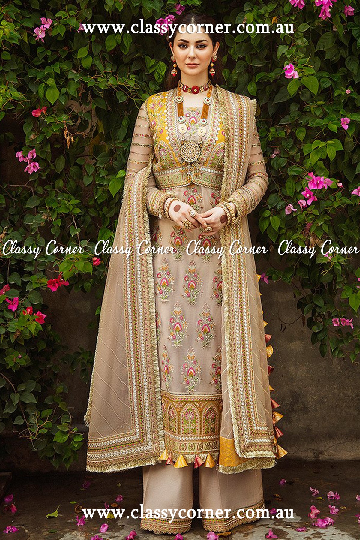 Beige Marigold Net Exclusive Salwar Kameez - Classy Corner