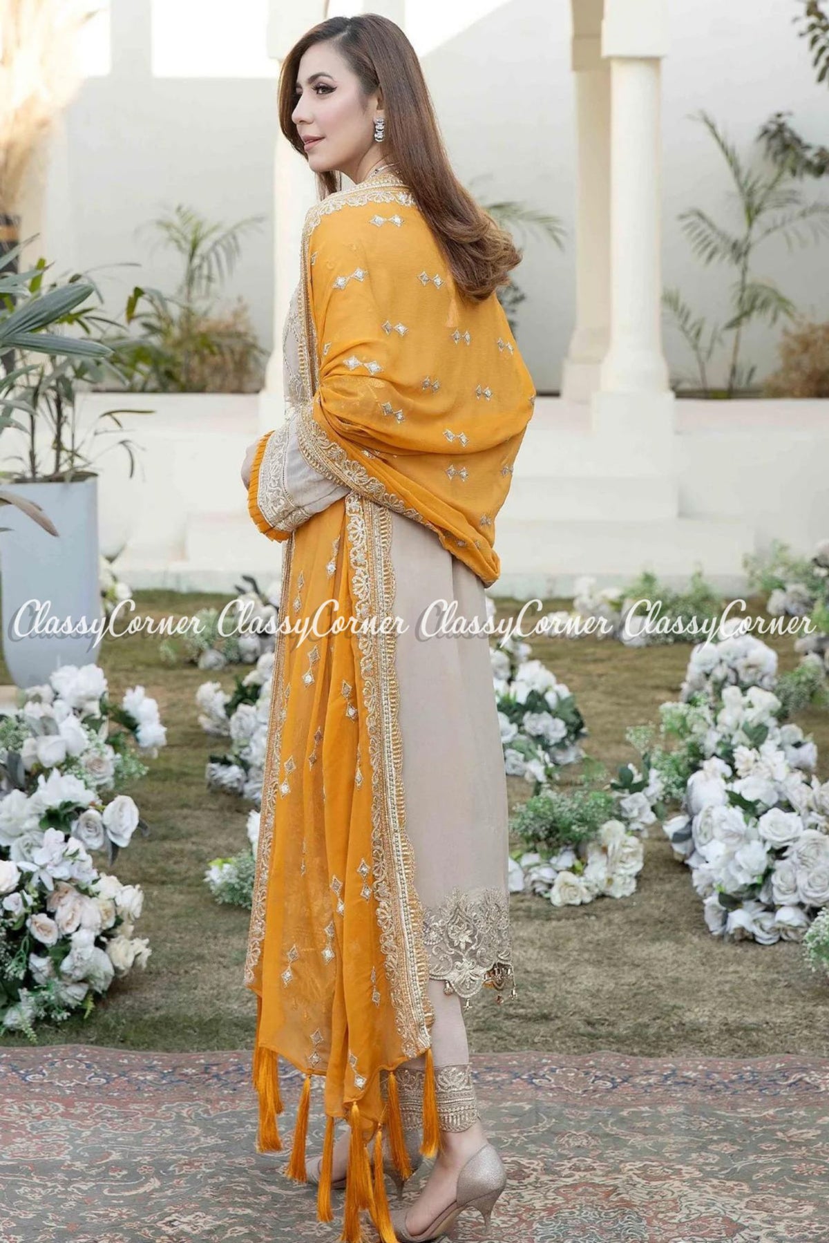 Pakistani Beige Yellow Chiffon Embroidered Salwar Kameez