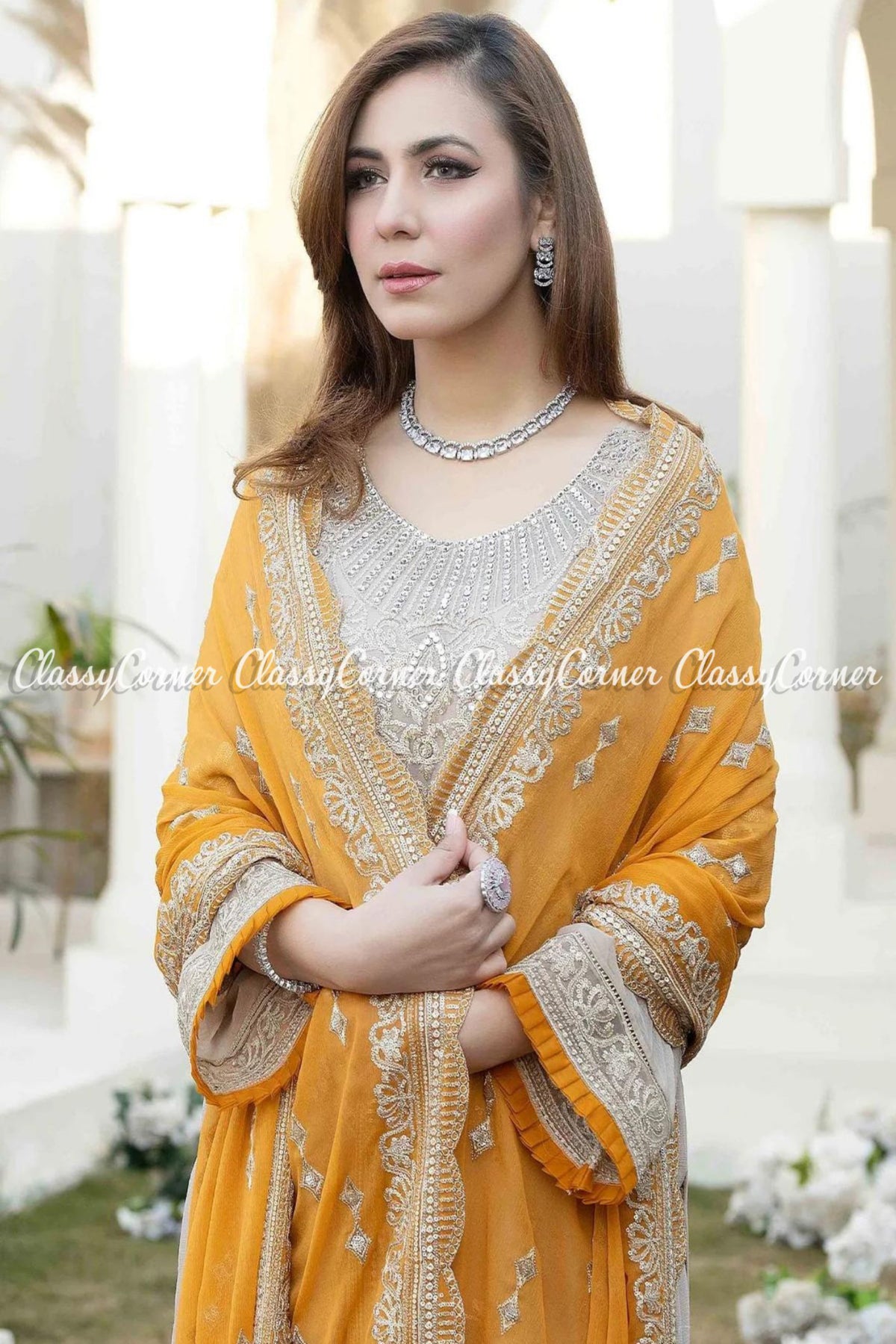 Pakistani Beige Yellow Chiffon Embroidered Salwar Kameez