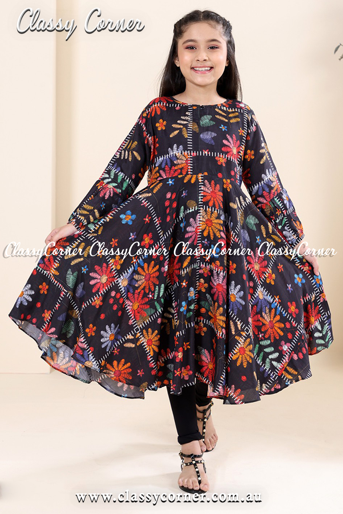 Black Multicolour Girls Floral Dress - Classy Corner