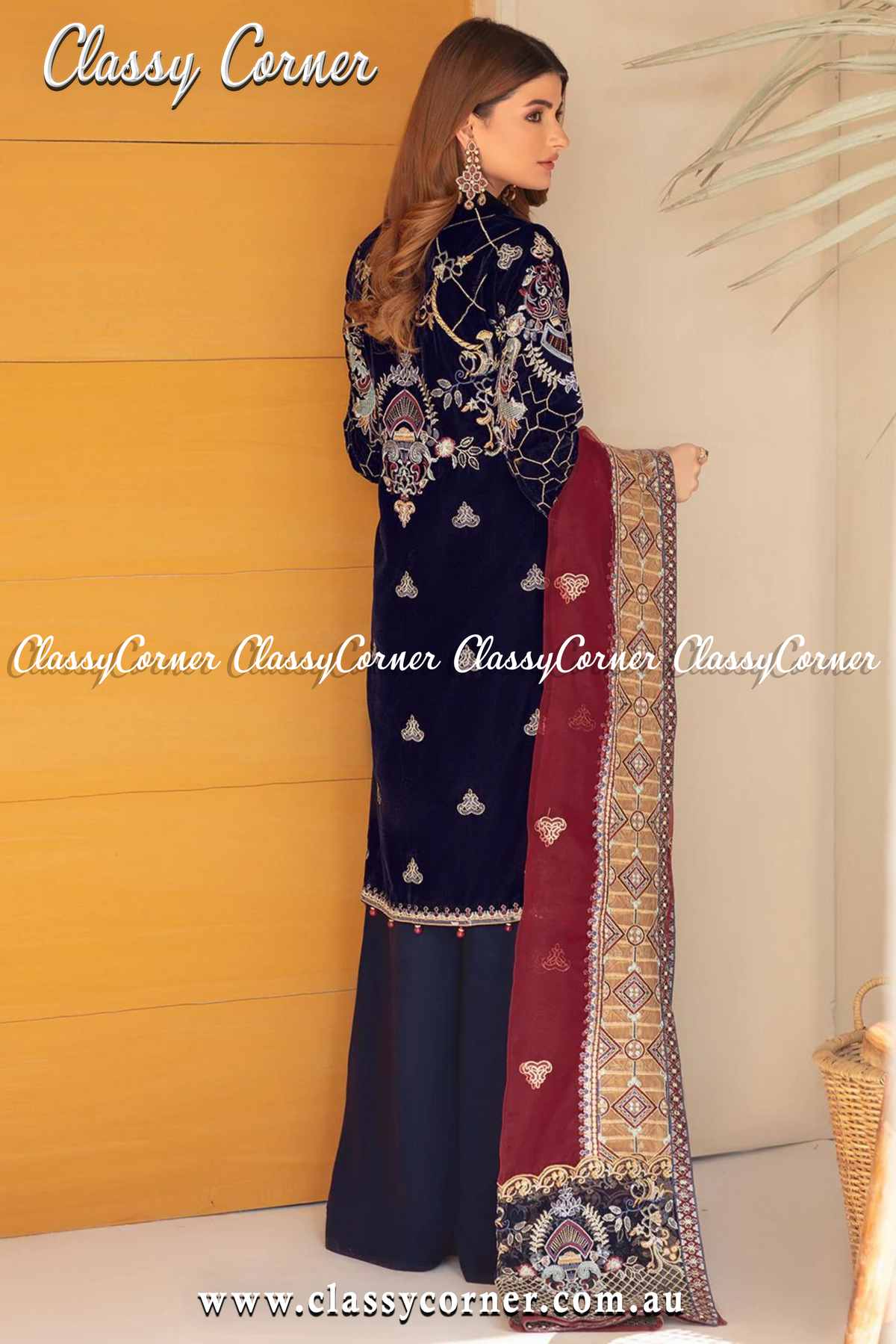 Blue Maroon Velvet Pakistani 3pc - Classy Corner