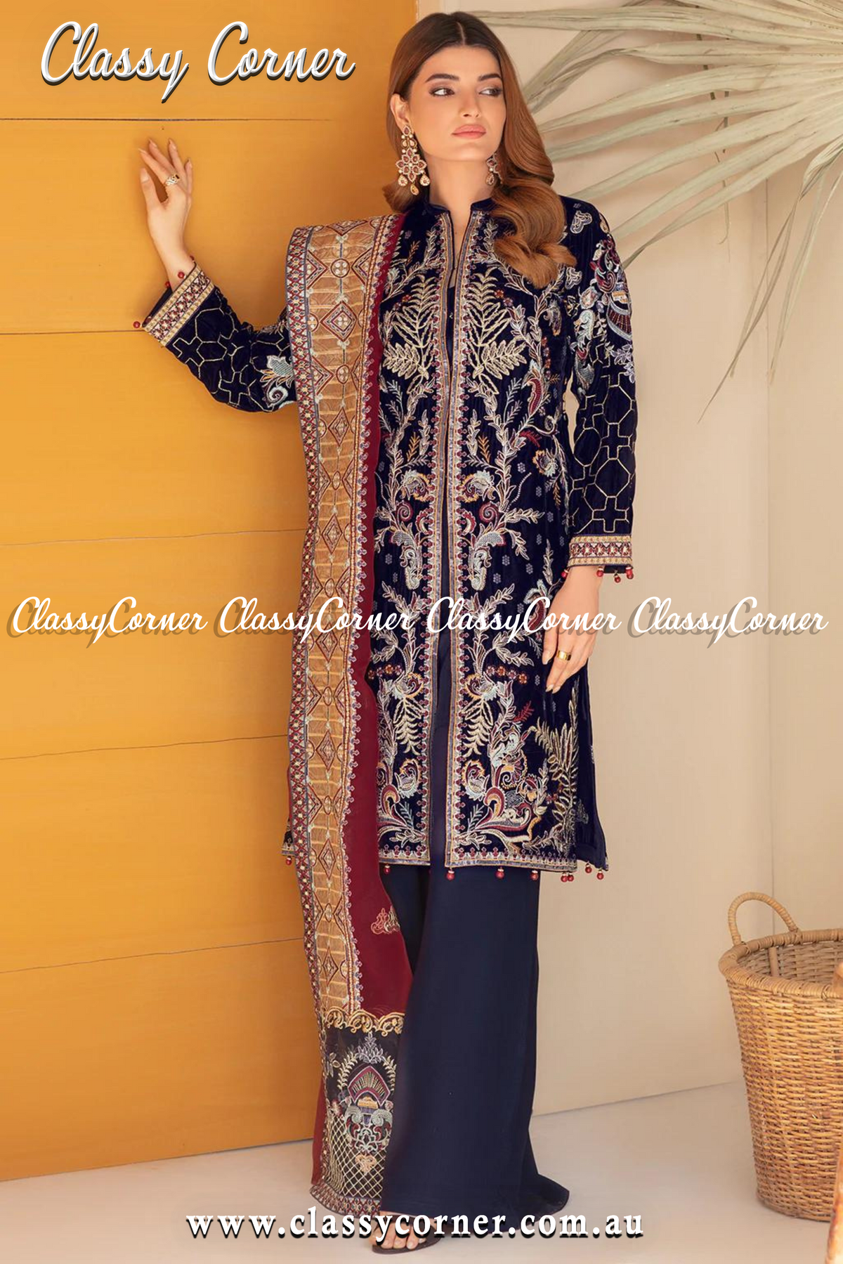 Blue Maroon Velvet Pakistani 3pc - Classy Corner