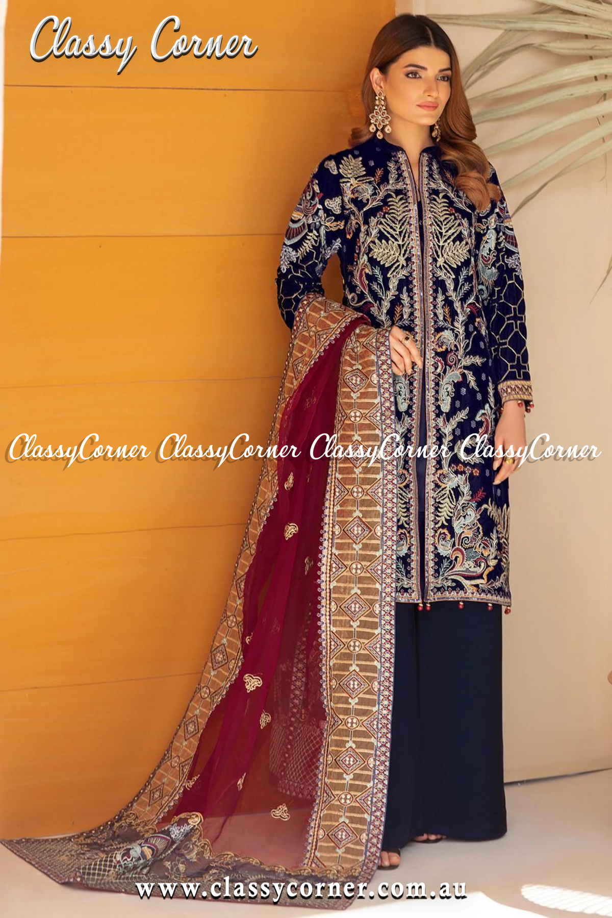 Blue Maroon Velvet Pakistani 3pc - Classy Corner