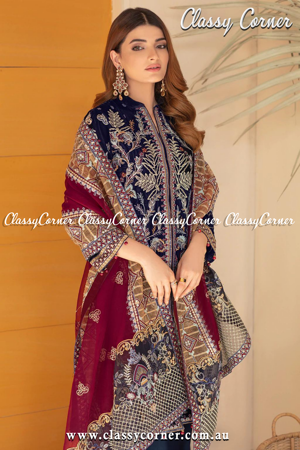 Blue Maroon Velvet Pakistani 3pc - Classy Corner