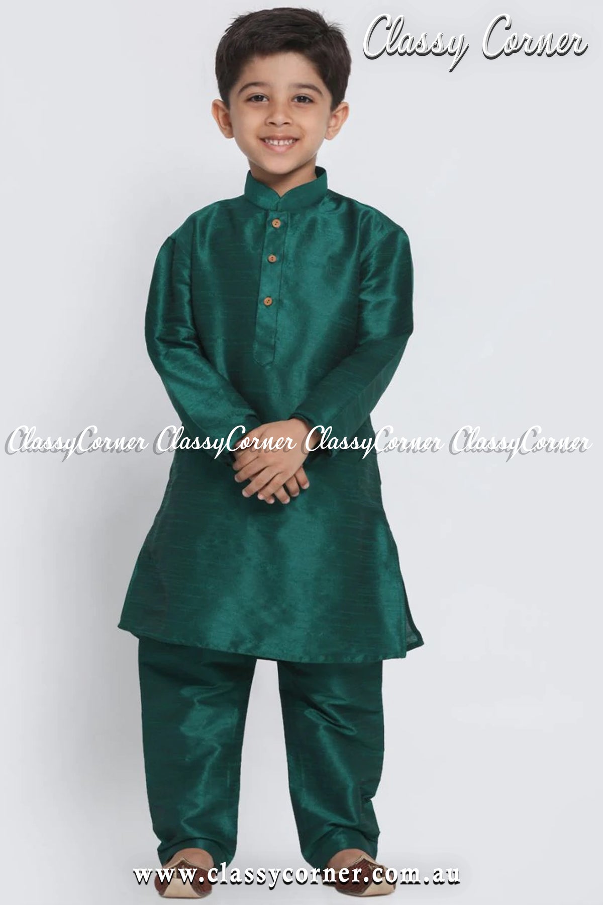 Boy&#39;s Emerald Green Kurta Pyjama Set - Classy Corner