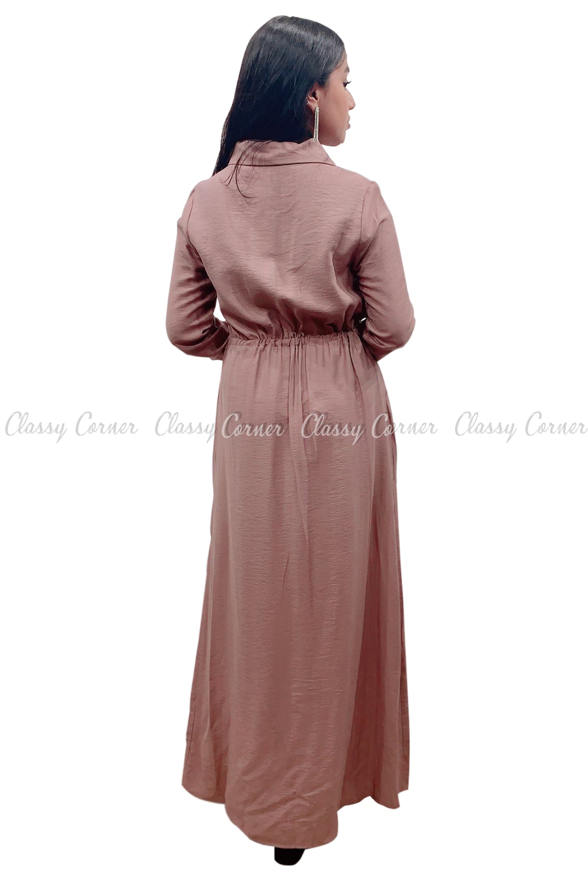Button Down Dark Dusty Beige Modest Long Dress - Classy Corner