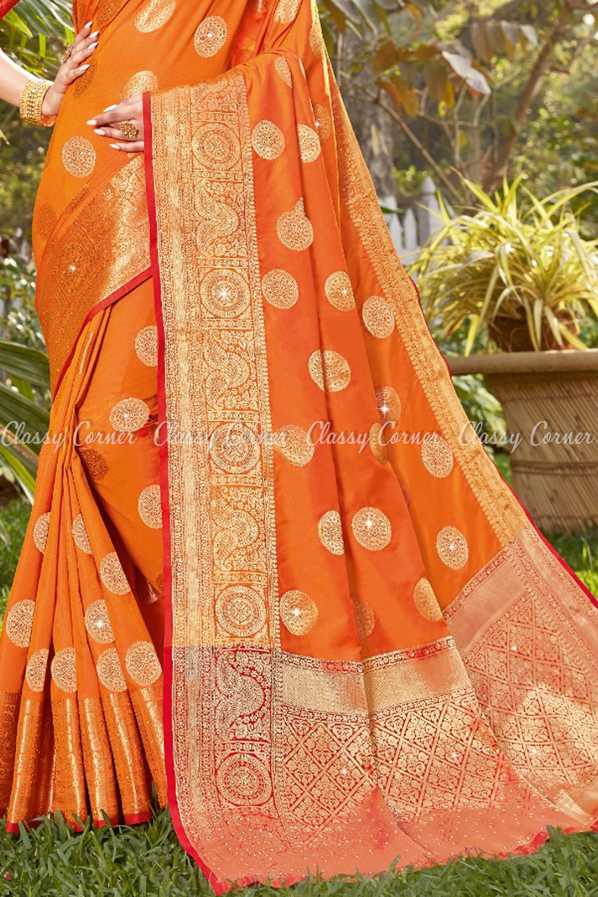 Charming Red Blouse Orange Achal with Gold Border Silk Saree - Classy Corner